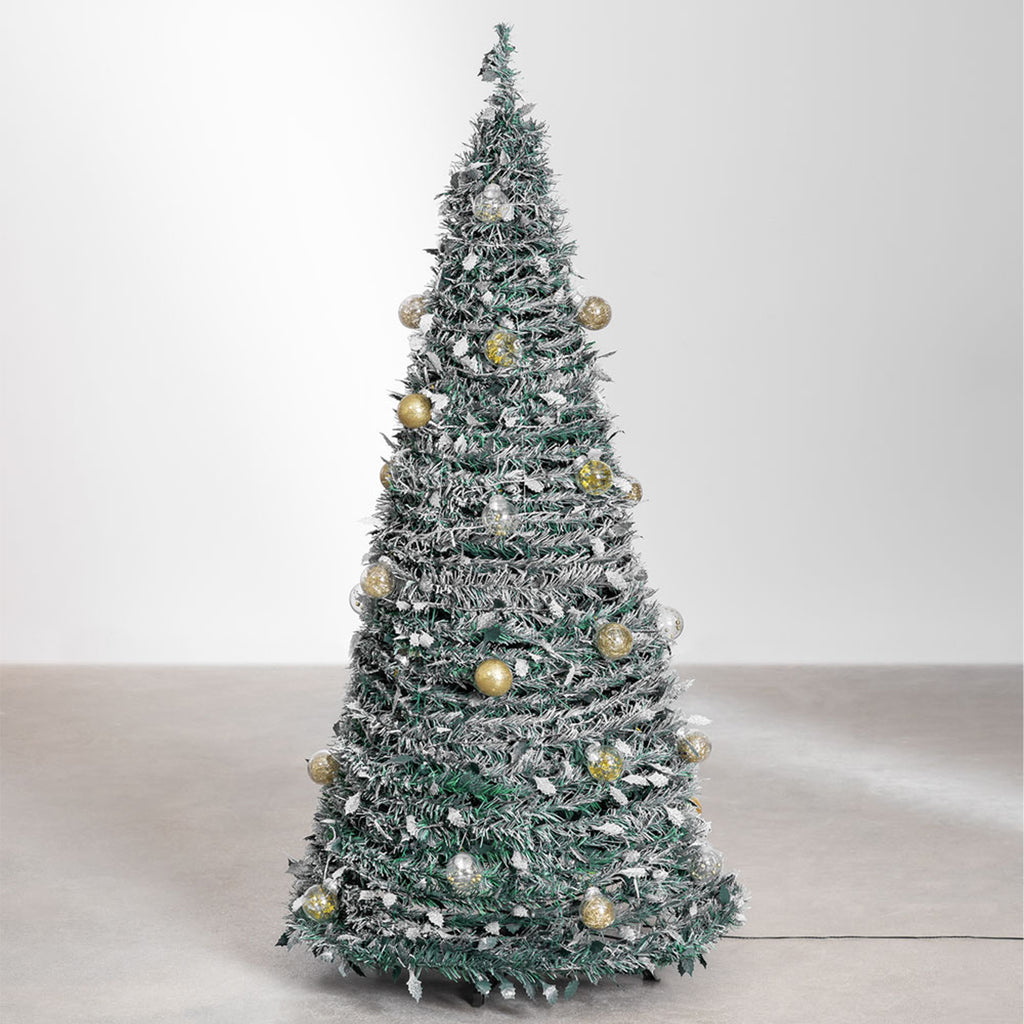 Kaunistatud jõulupuu, dekoratiivne, valmis, kokkupandav, 150 cm, tuledega, kuulikestega