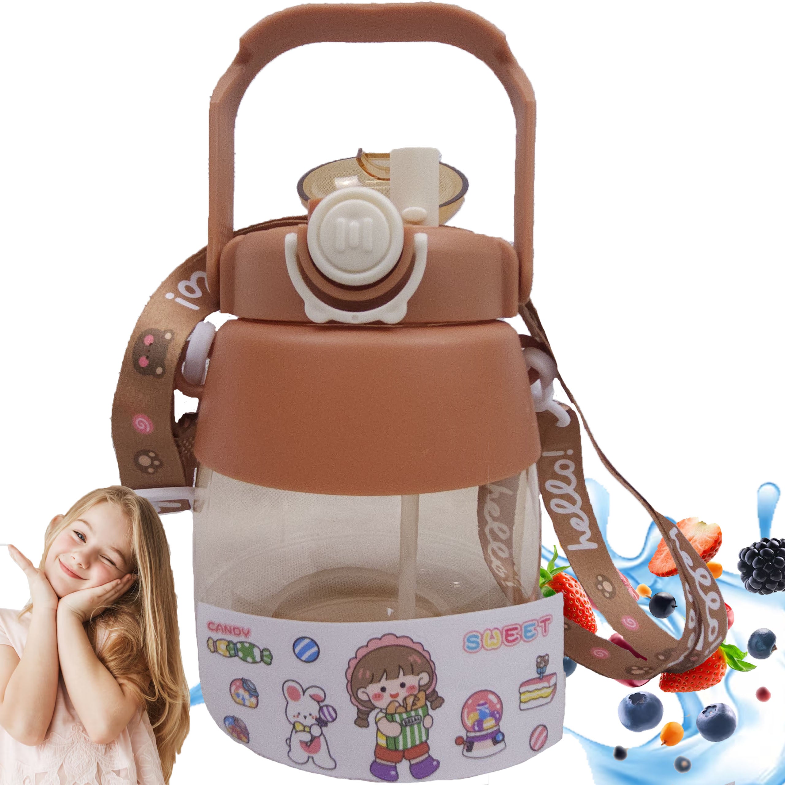 Water Bottle with Straw and Lanyard for Kids 1L