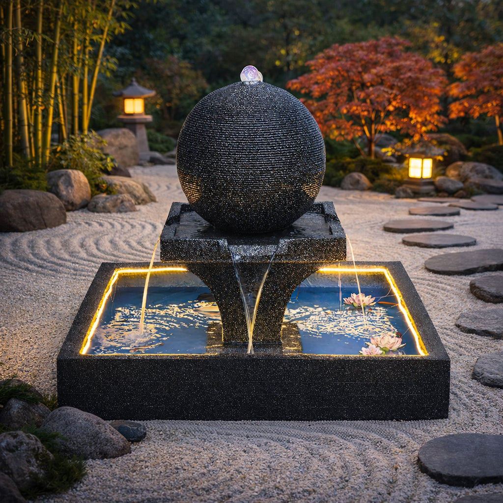 Large Garden Water Fountain with Spherical Water Feature 140x140x120cm LED Terrace Decoration