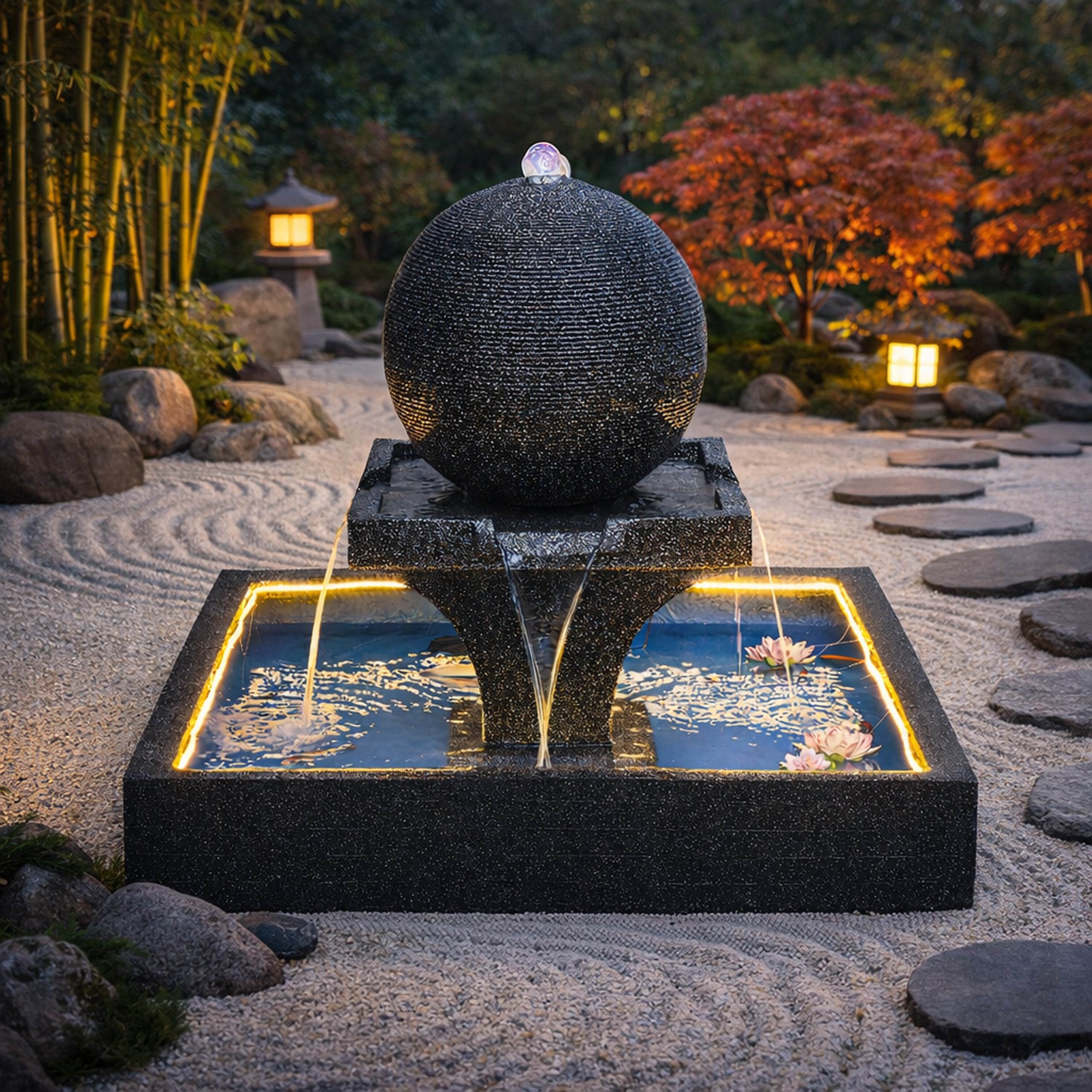 Large Garden Water Fountain with Spherical Water Feature 140x140x120cm LED Terrace Decoration