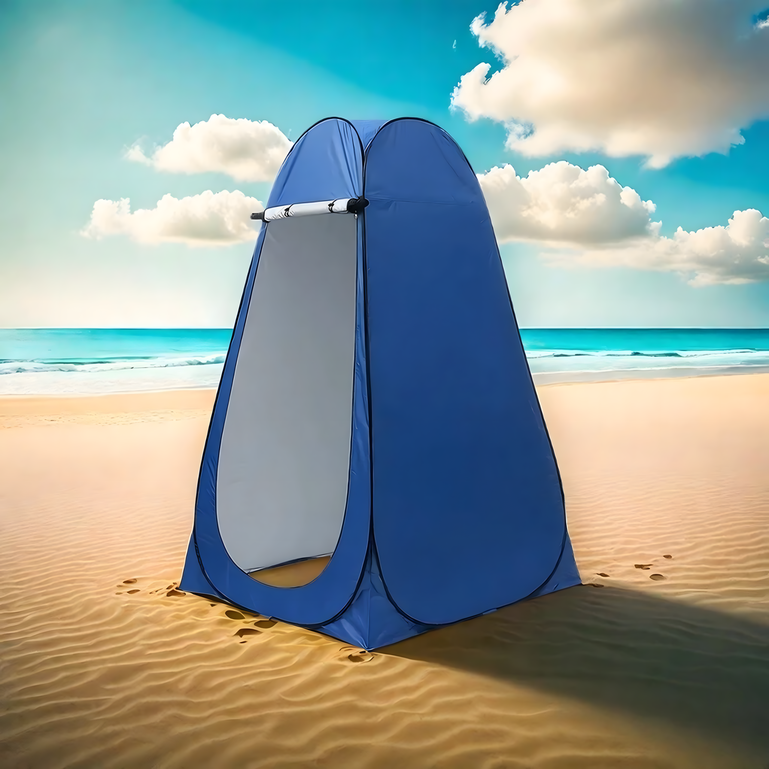 Kokkupandav rannatelk riietusruum dušš tualett turisti WC