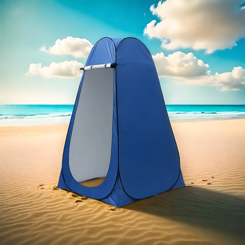 Kokkupandav rannatelk riietusruum dušš tualett turisti WC