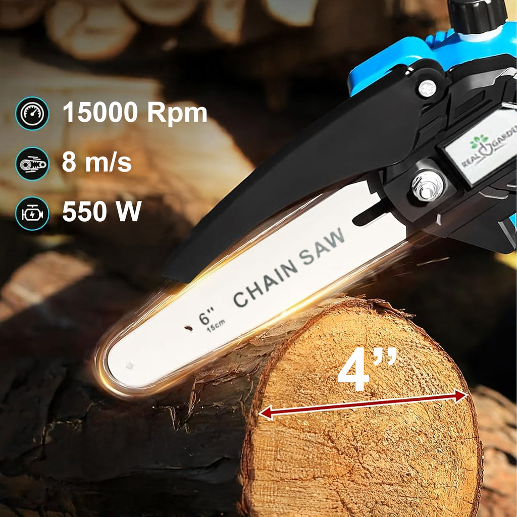 Väike akutoitega minisaag aias puuokste lõikamiseks