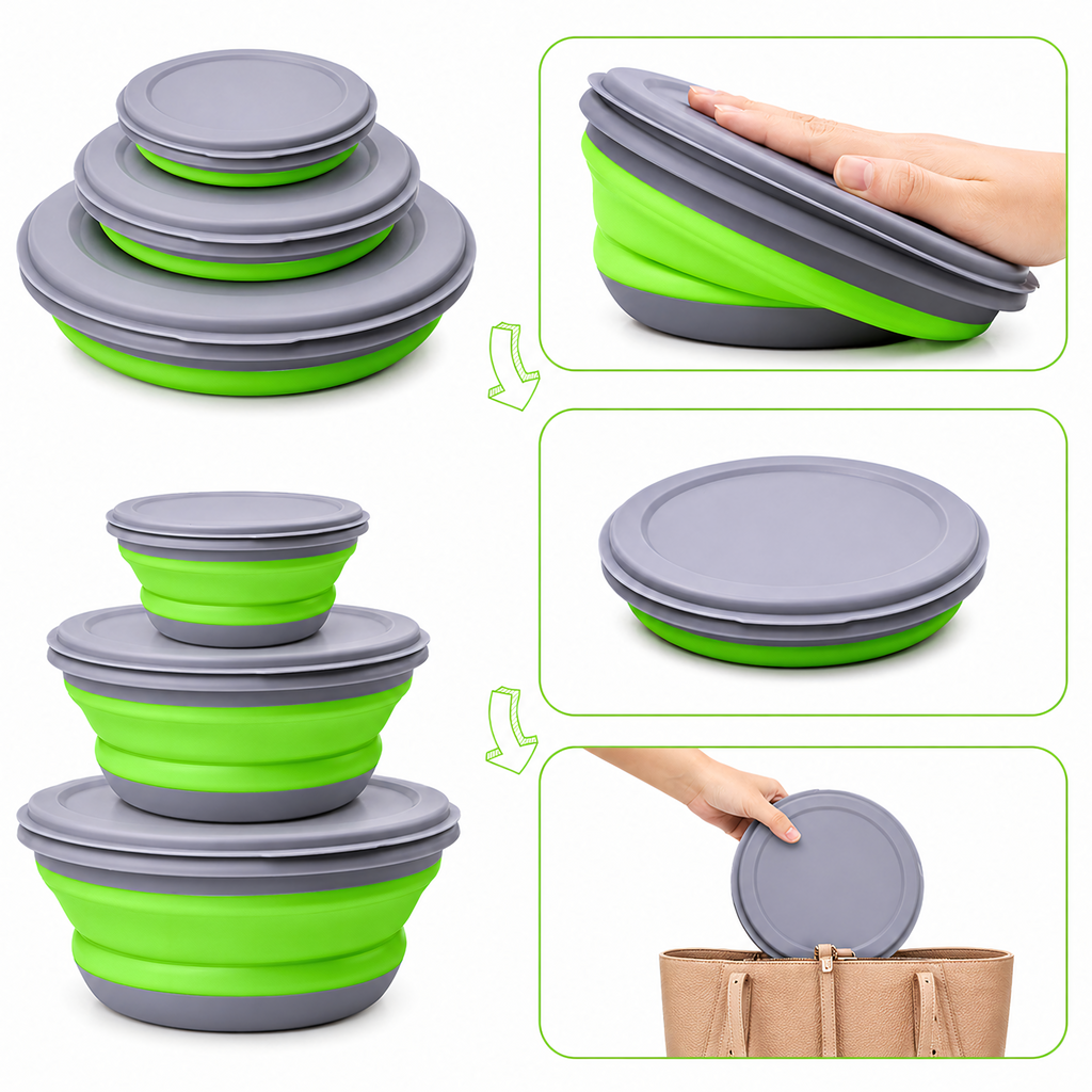 Set of 3 Collapsible Silicone Bowls Food Storage Containers for Travel 3 pcs