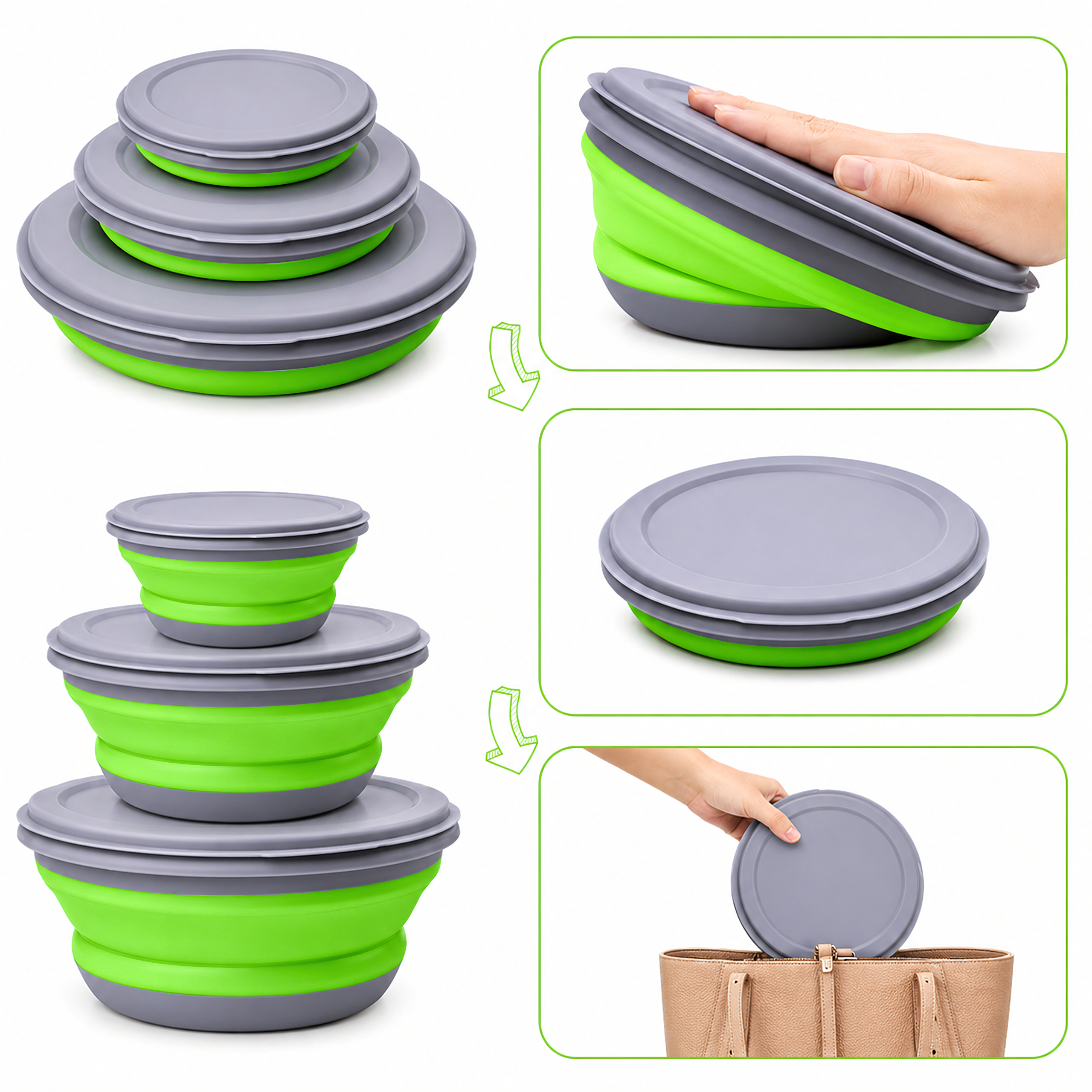 Set of 3 Collapsible Silicone Bowls Food Storage Containers for Travel 3 pcs