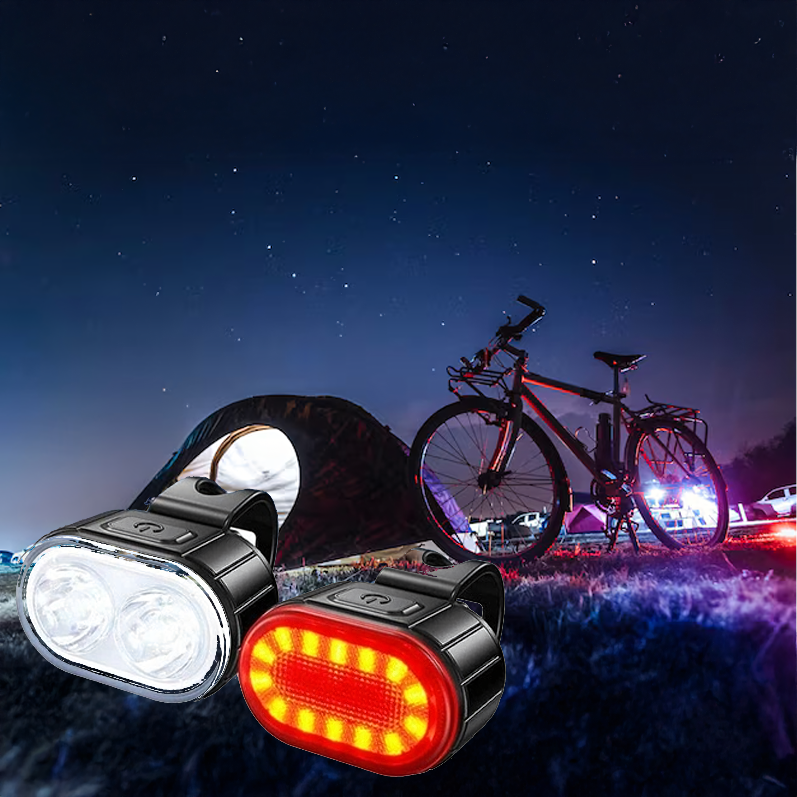 Jalgratta lamp LED ees ja taga, tugev, USB, juhtrauale, 2 tk