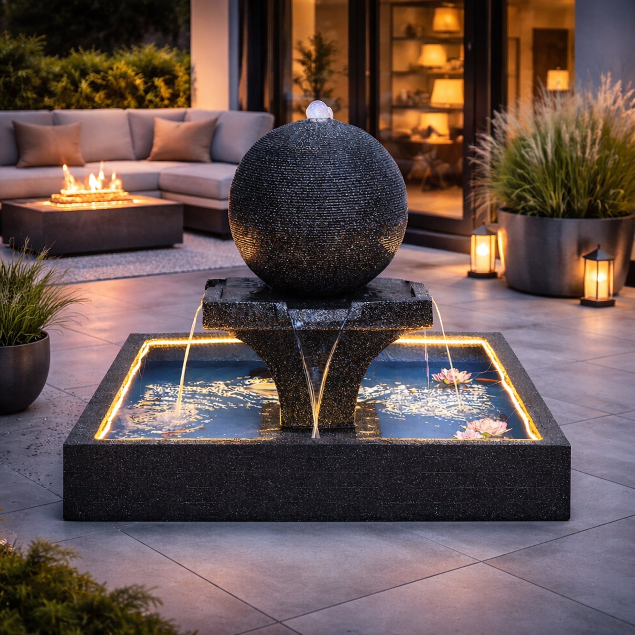 Large Garden Water Fountain with Spherical Water Feature 140x140x120cm LED Terrace Decoration