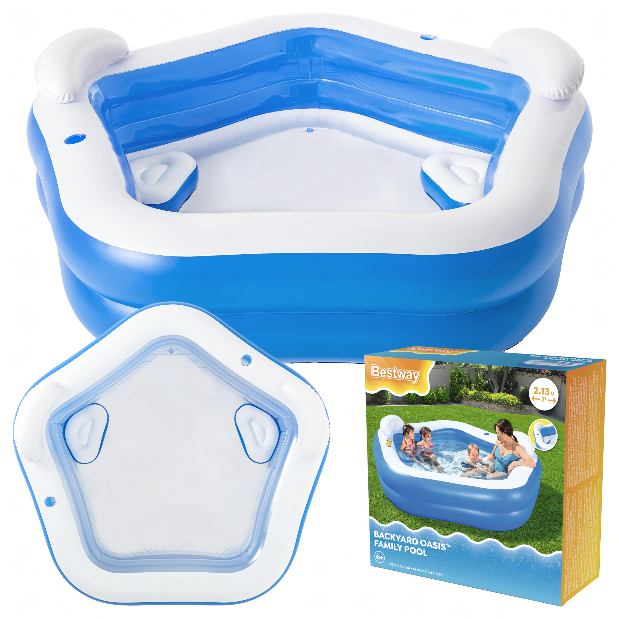 Bestway 54153 Täispuhutav viiekandiline bassein istmetega aeda 213x206x69cm