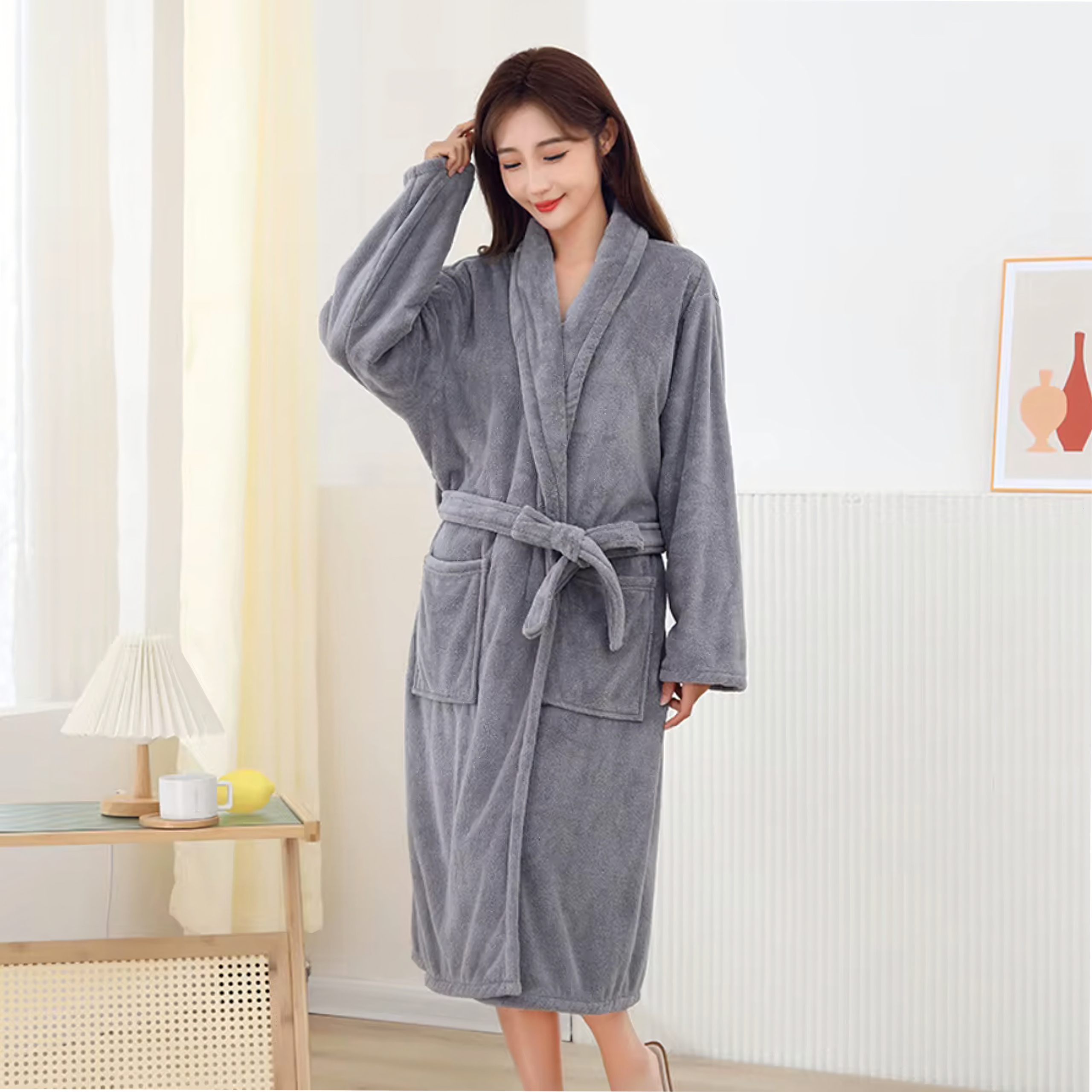 Classic Comfortable Warm Women's Hotel Bathrobe Tied Soft Gray