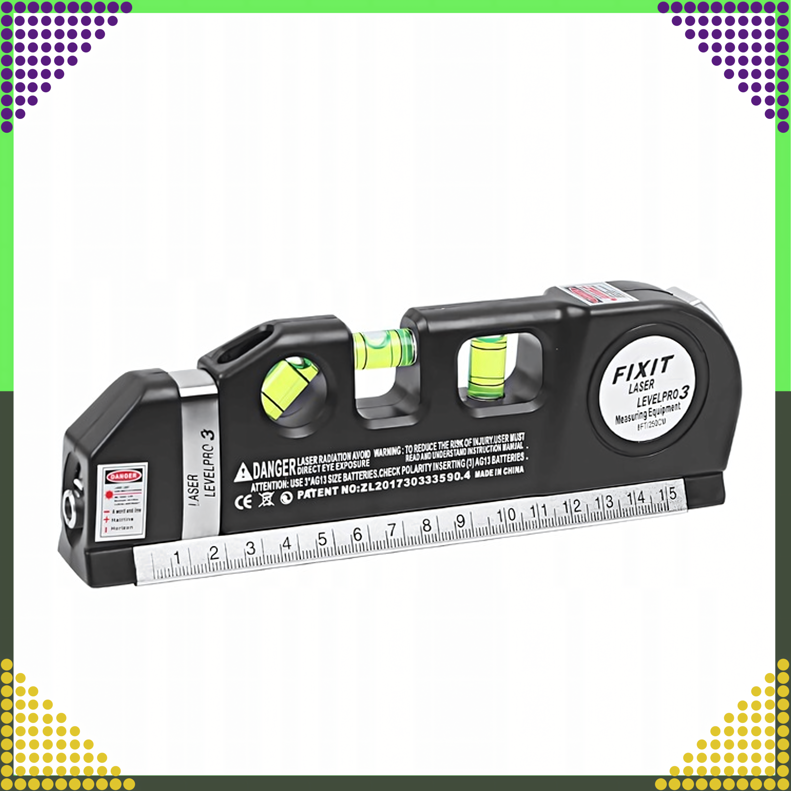 Laserlood koos mõõduga 250 cm, 3 taset, valguslood + patareid