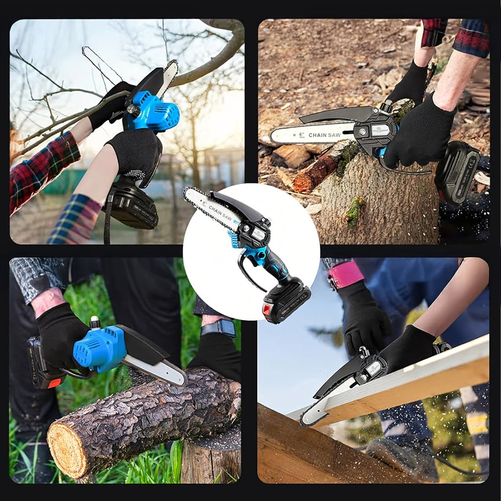 Väike akutoitega minisaag aias puuokste lõikamiseks