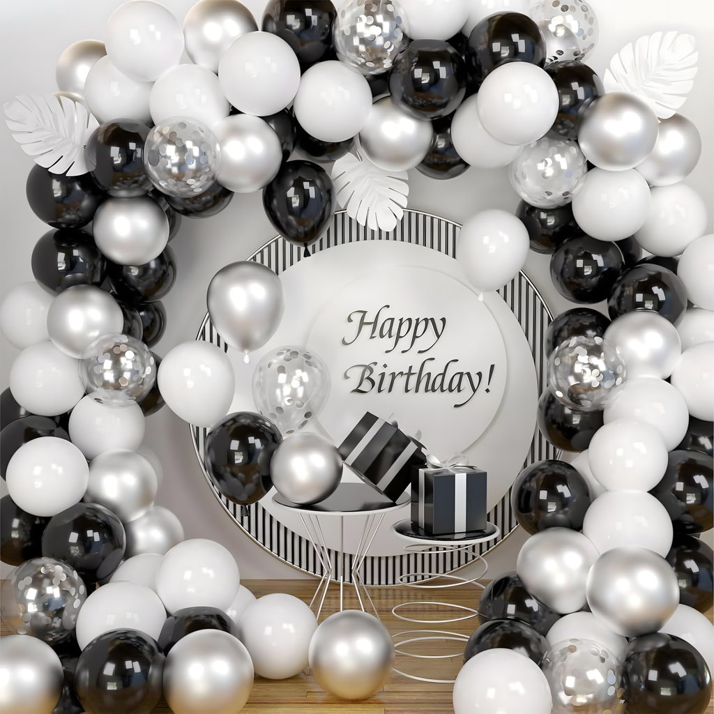 Õhupallikaare komplekt sünnipäeva õhupallid Black hõbedane valge 107 tk