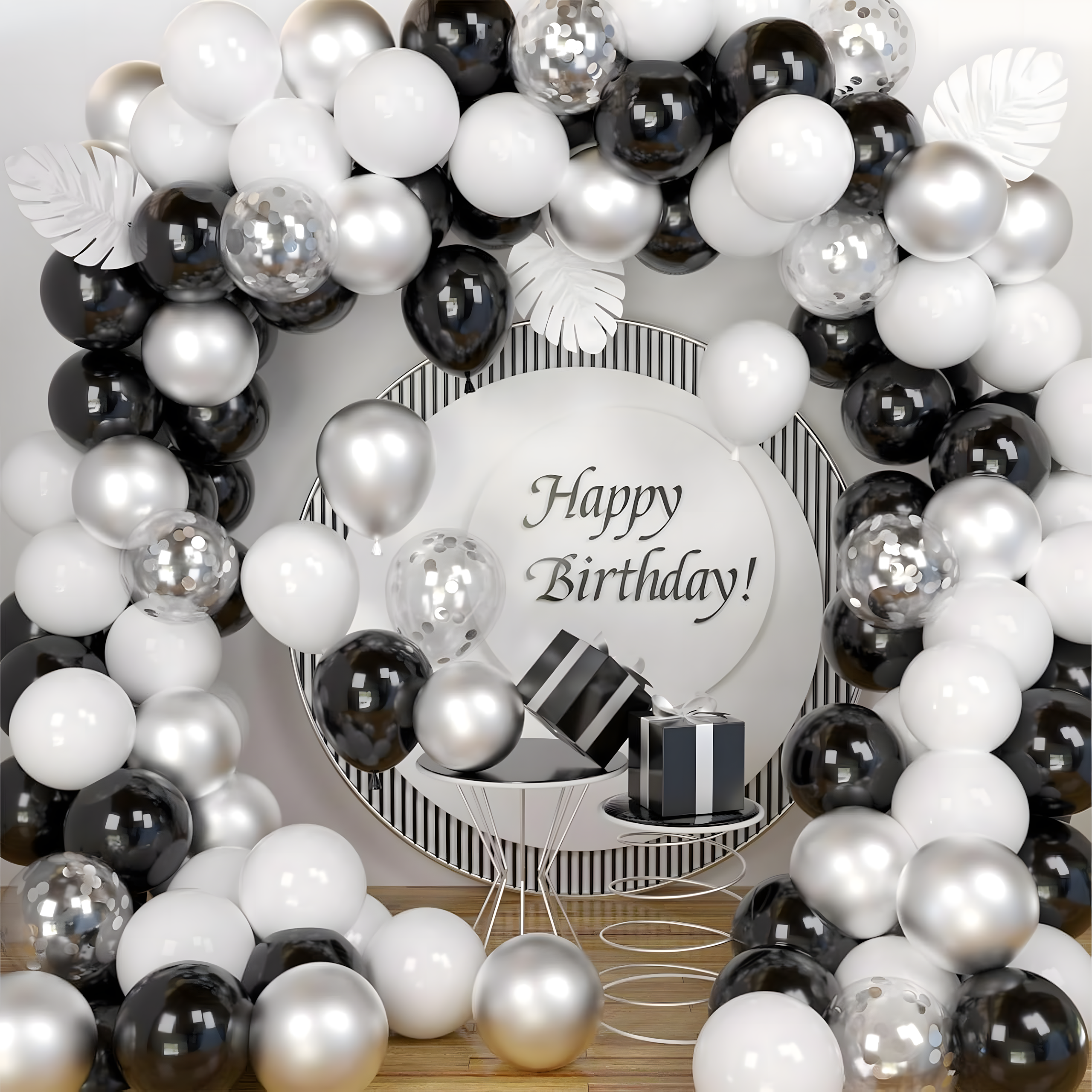 Õhupallikaare komplekt sünnipäeva õhupallid Black hõbedane valge 107 tk