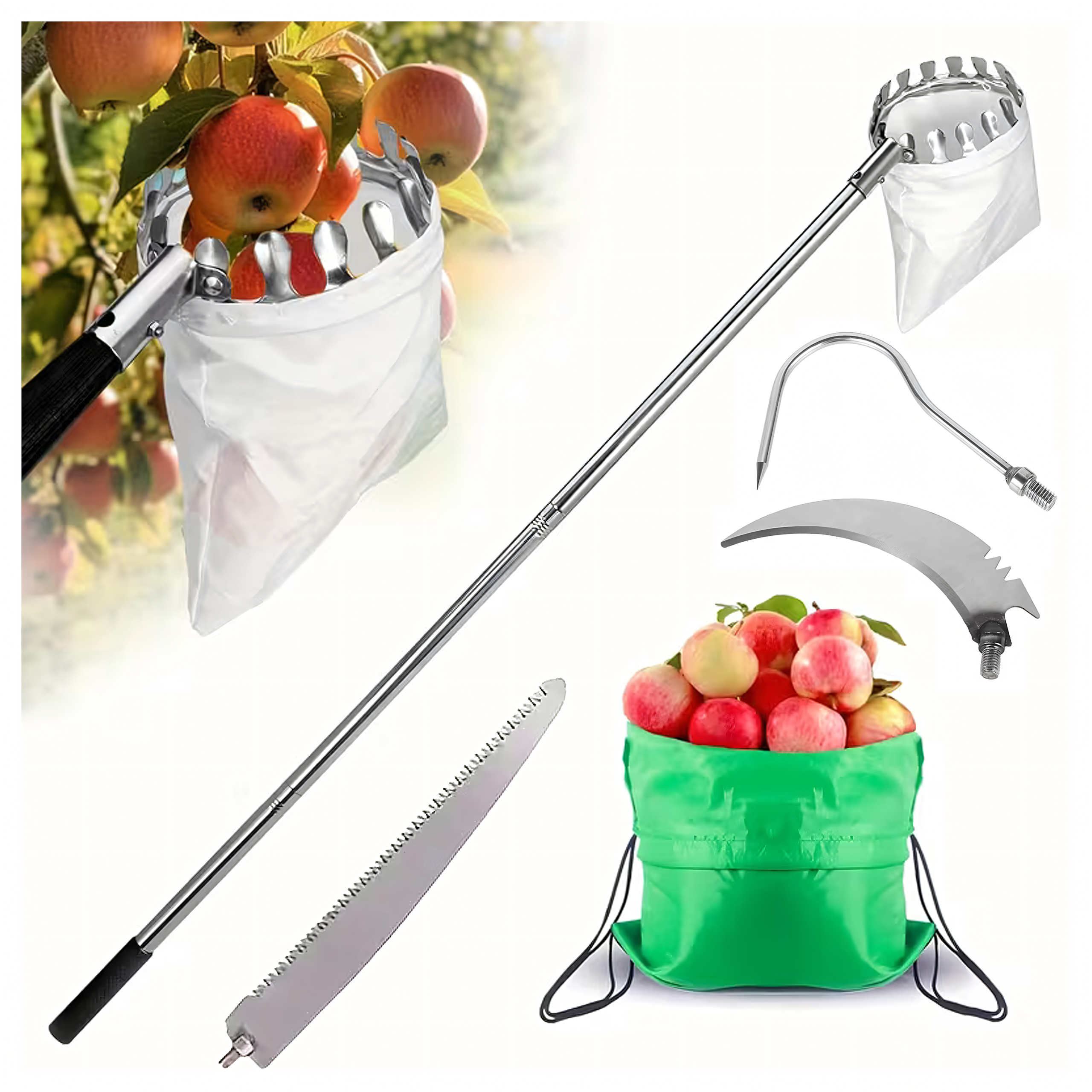 150x Fruit Picker Telescopic Handle 400 cm with 4 Interchangeable Heads