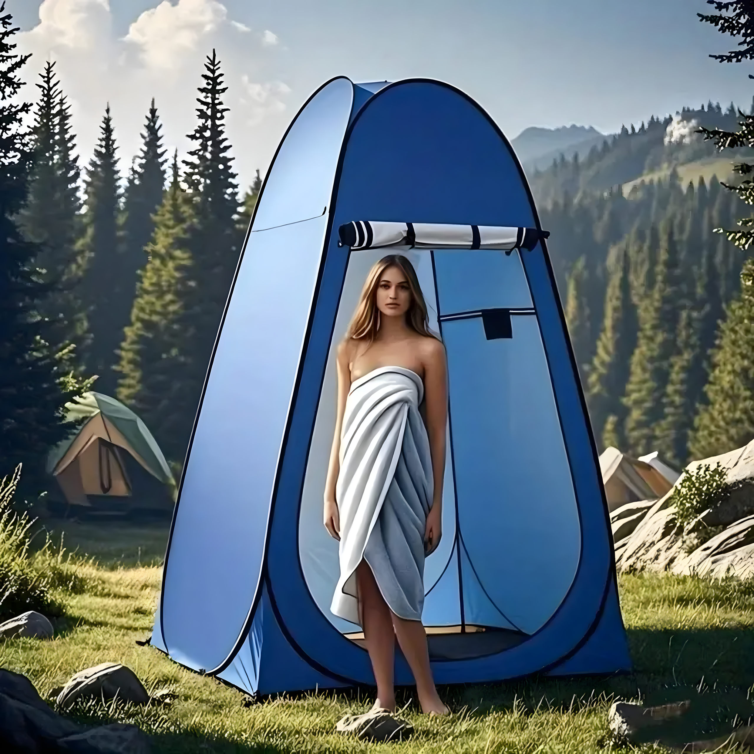 Kokkupandav rannatelk riietusruum dušš tualett turisti WC