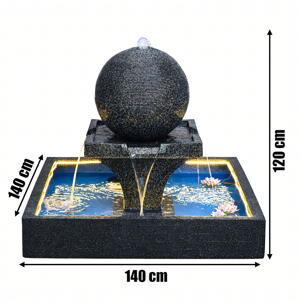Large Garden Water Fountain with Spherical Water Feature 140x140x120cm LED Terrace Decoration