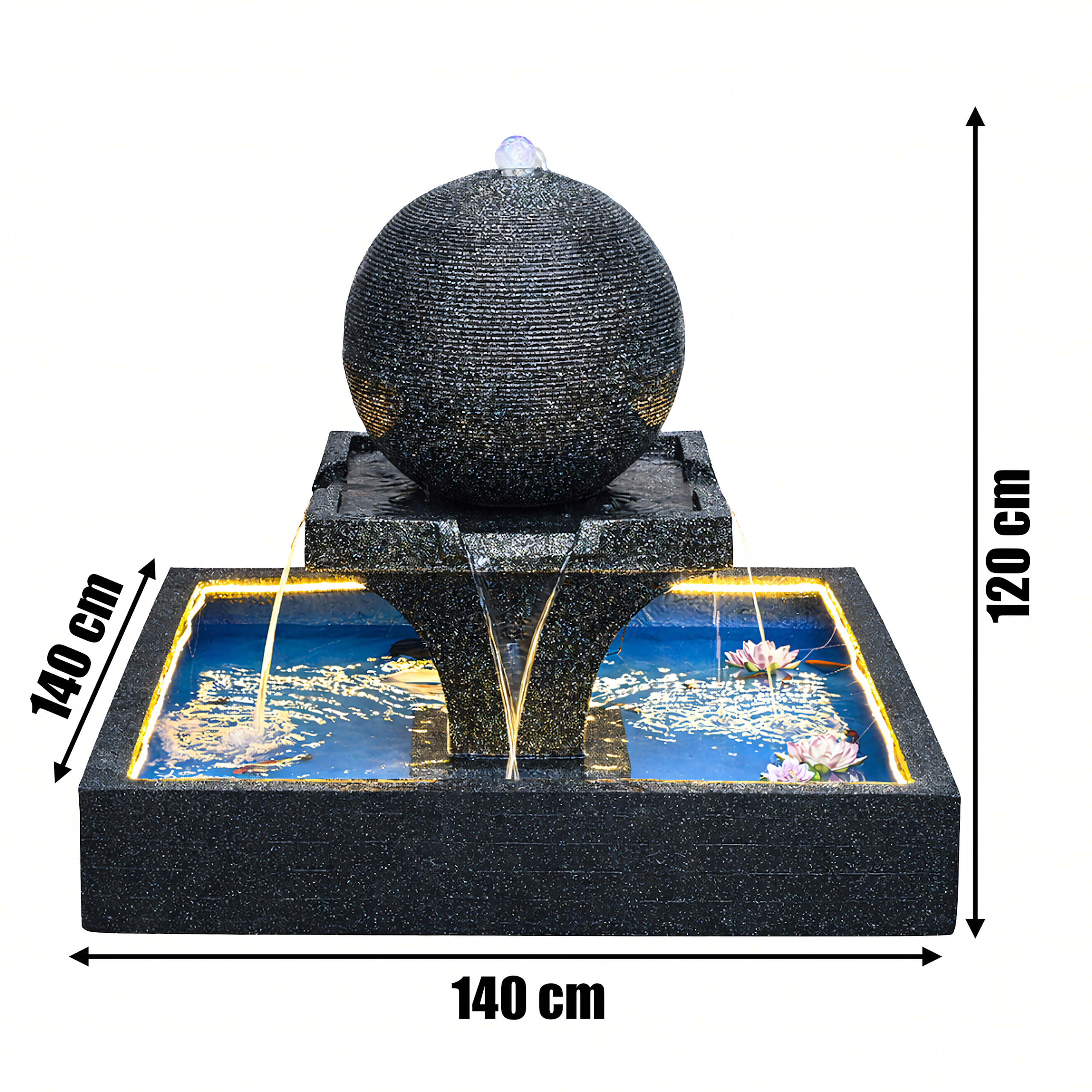Large Garden Water Fountain with Spherical Water Feature 140x140x120cm LED Terrace Decoration