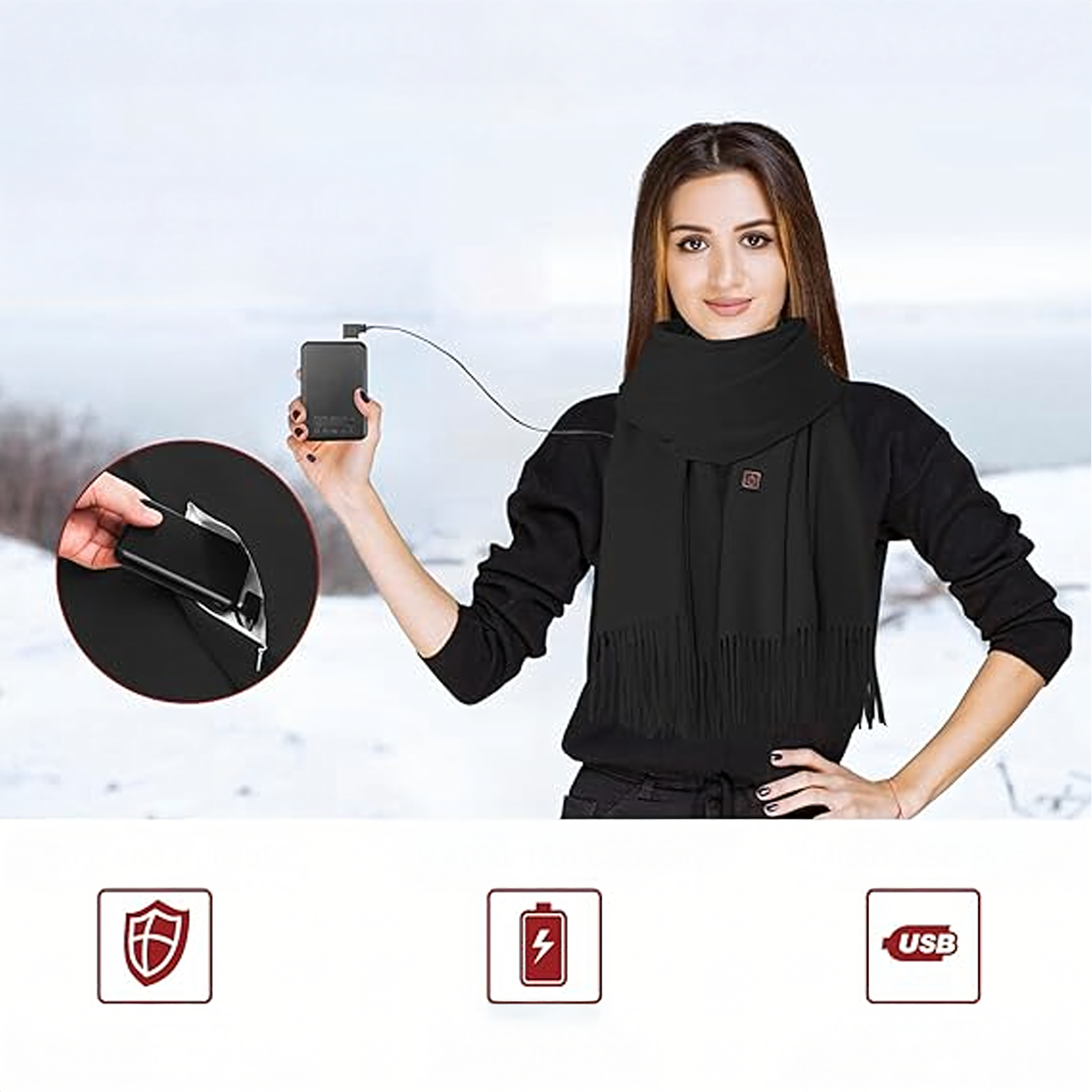 Soojendav sall, soojendusega talvesall, sallisoojendi, USB akupangaga