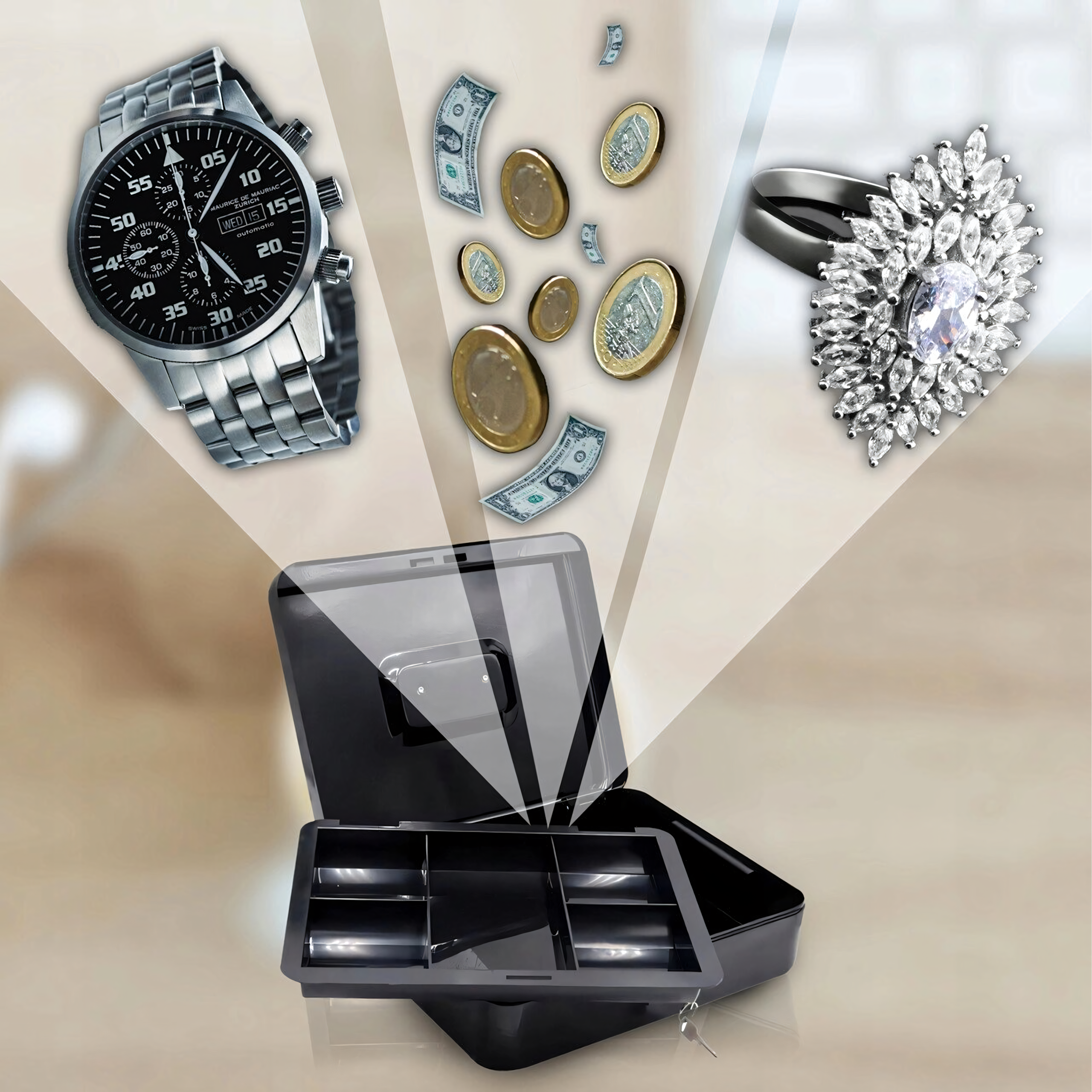 Metallist rahakast müntide, rahatähtede ja dokumentide turvaliseks hoidmiseks, võtmetega