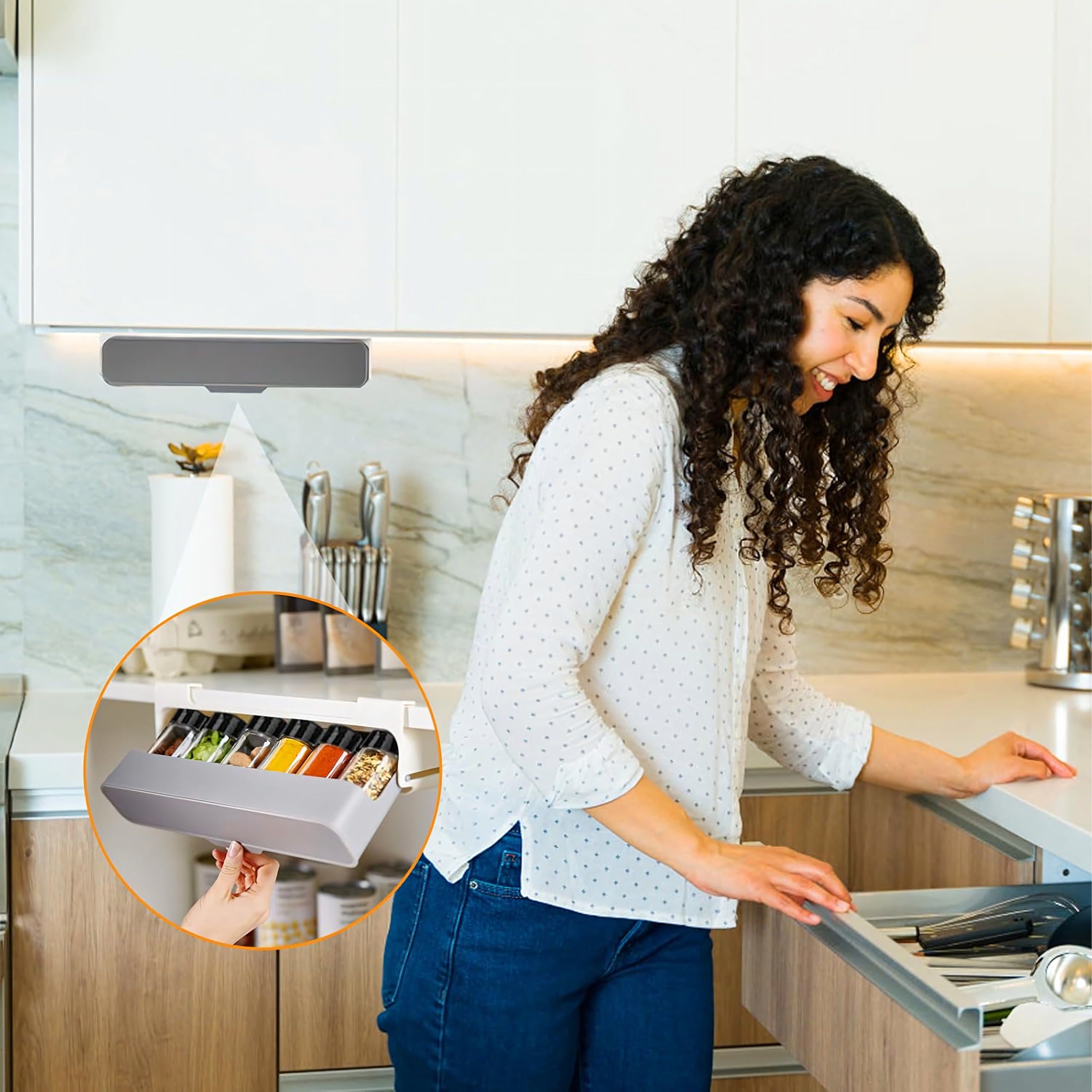 Drawer Organizer Shelf Suspended Spice Rack 6 Jars