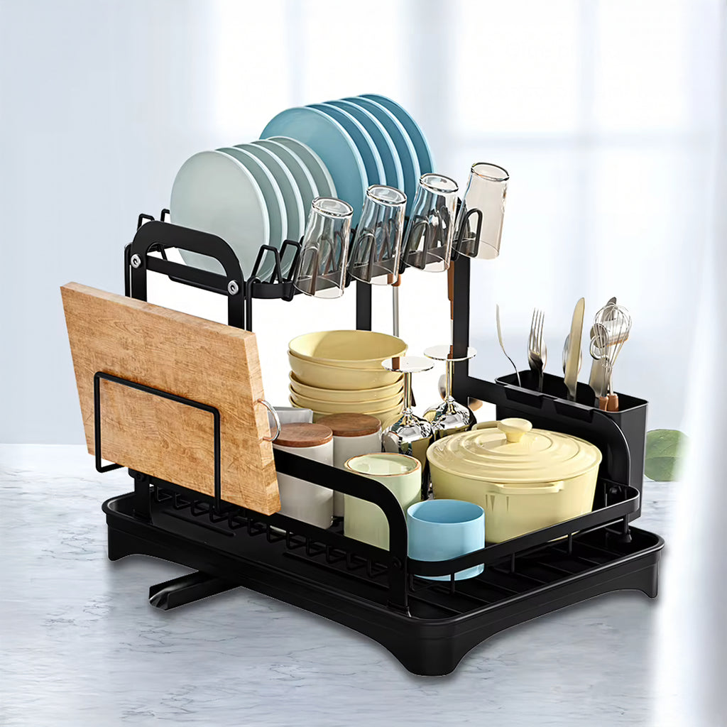 Two-Tier Large XXL Black Dish Drainer with Drain