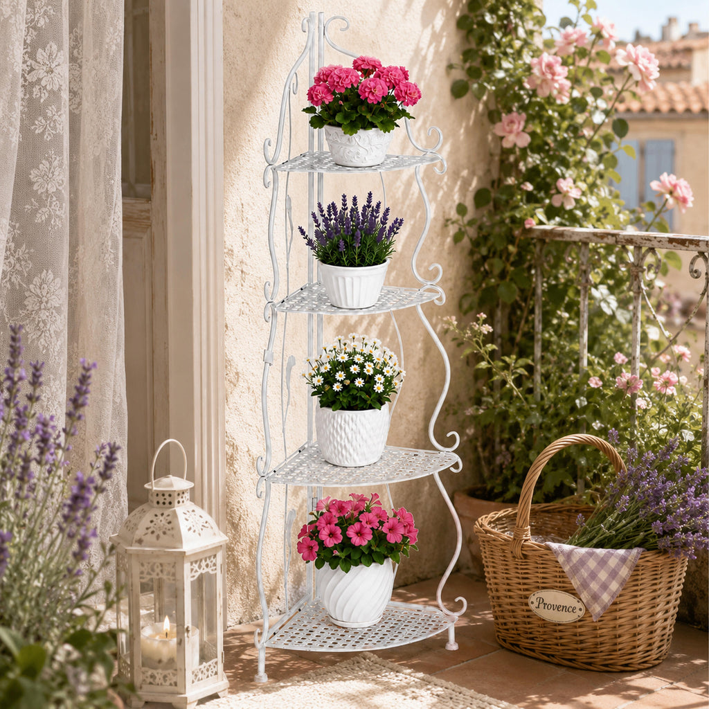 White Decorative Metal Corner Shelf with 4 Shelves for Flowers and Books