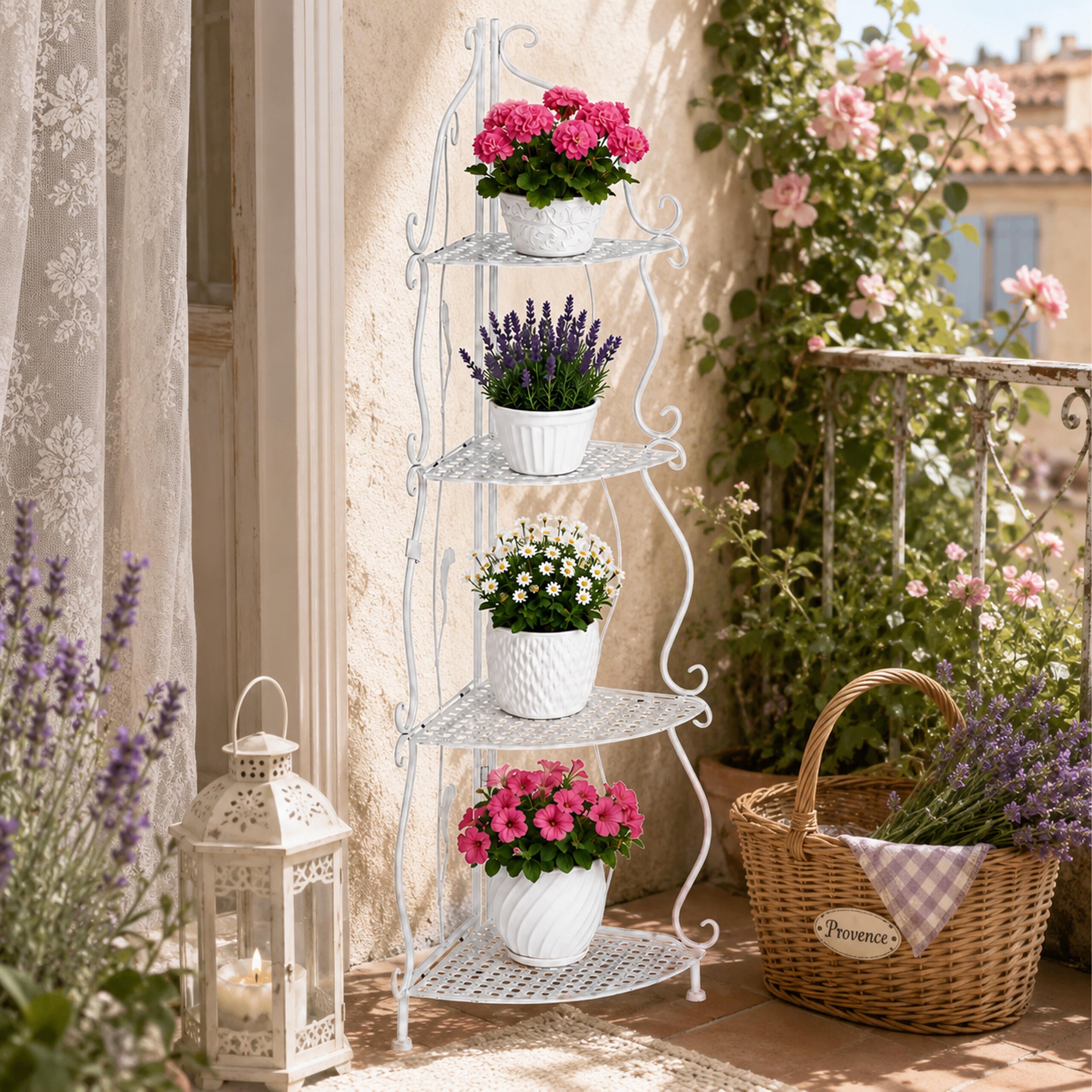 White Decorative Metal Corner Shelf with 4 Shelves for Flowers and Books