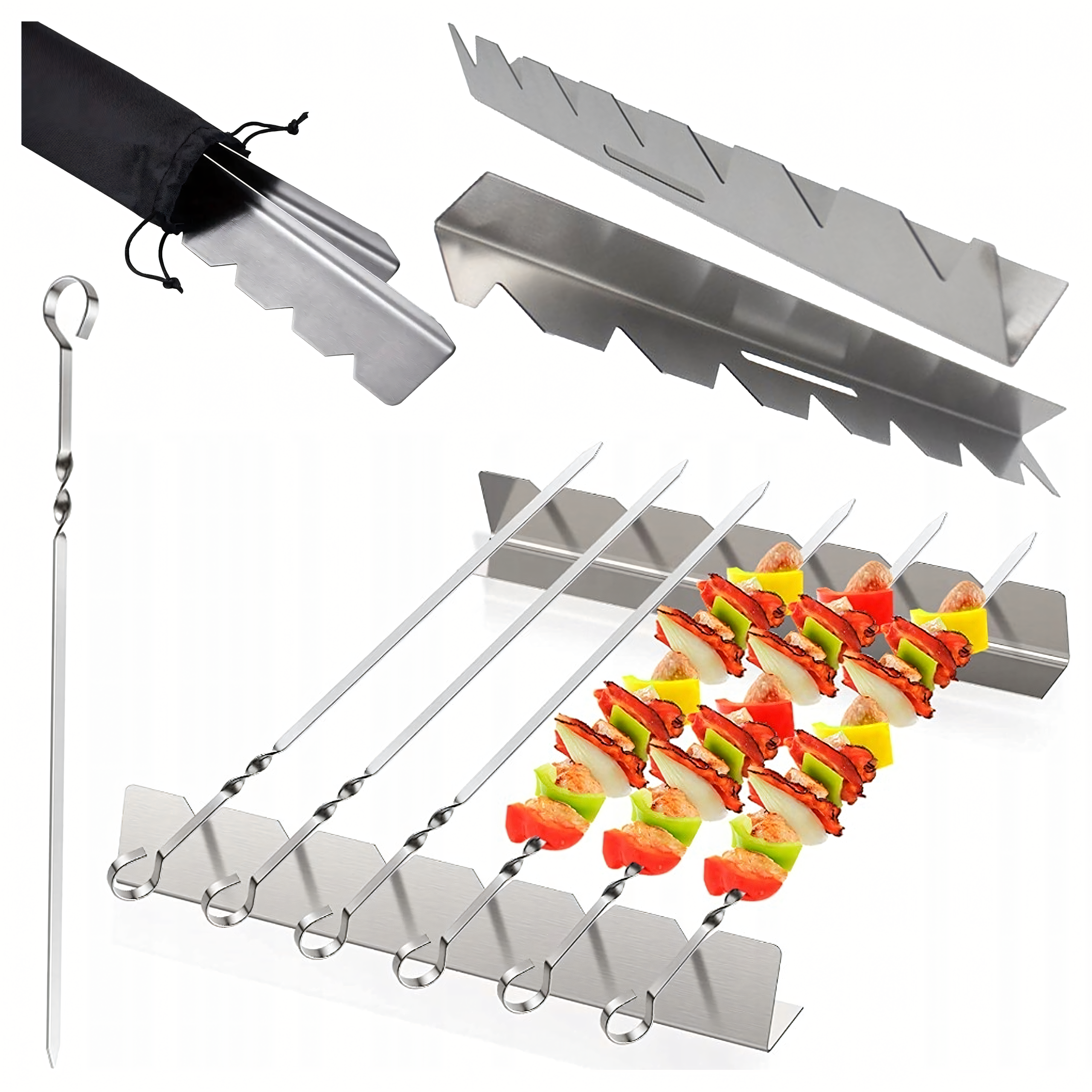 6x 6 Steel Skewers for Barbecue with Stand and Bag Set