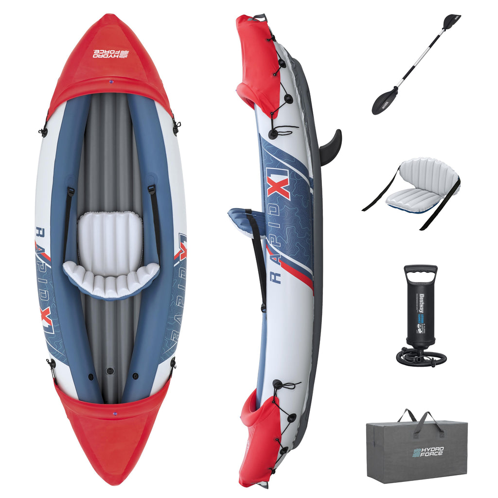 Bestway 65176 Rapid X1 täispuhutav ühe inimese kajaki komplekt pumba, aeru ja kotiga