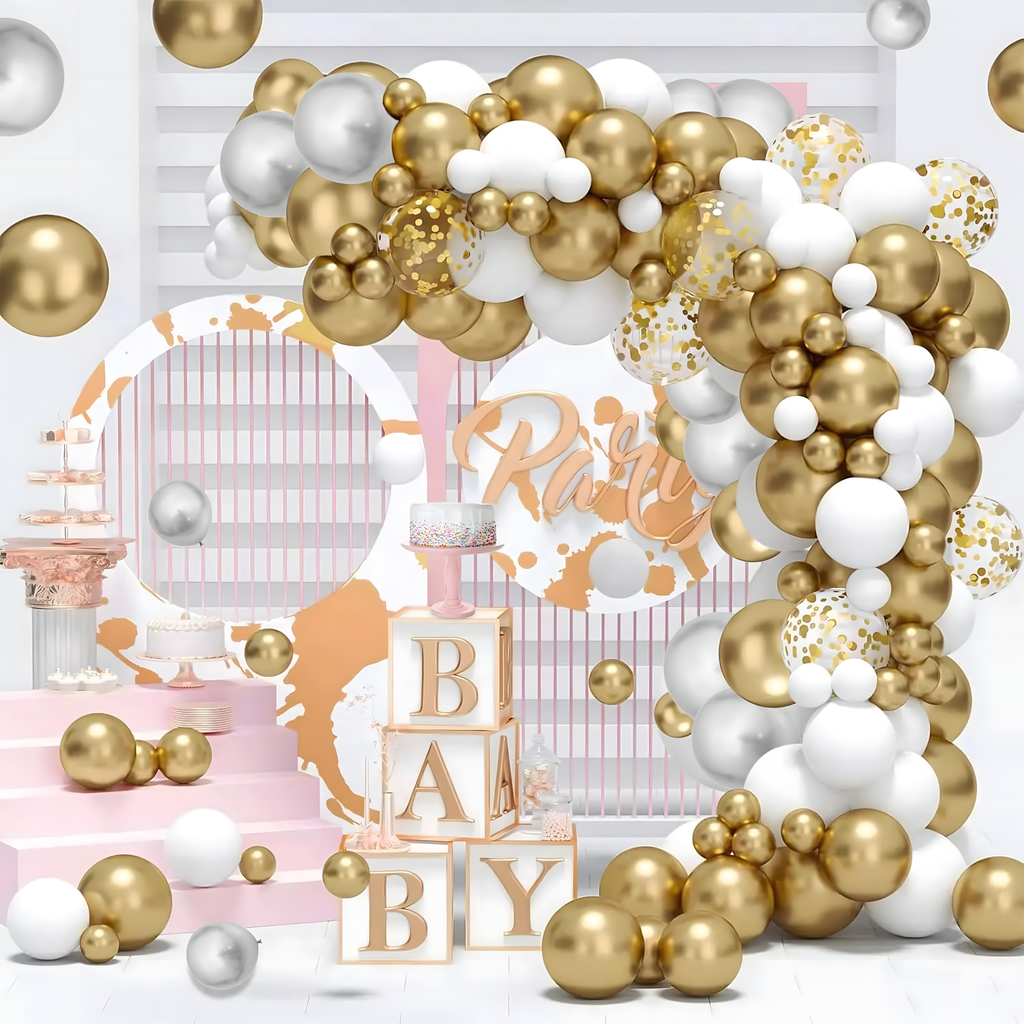 Õhupallikaare komplekt sünnipäevaks ja pulmadeks, kuldne-valge, 110 tk