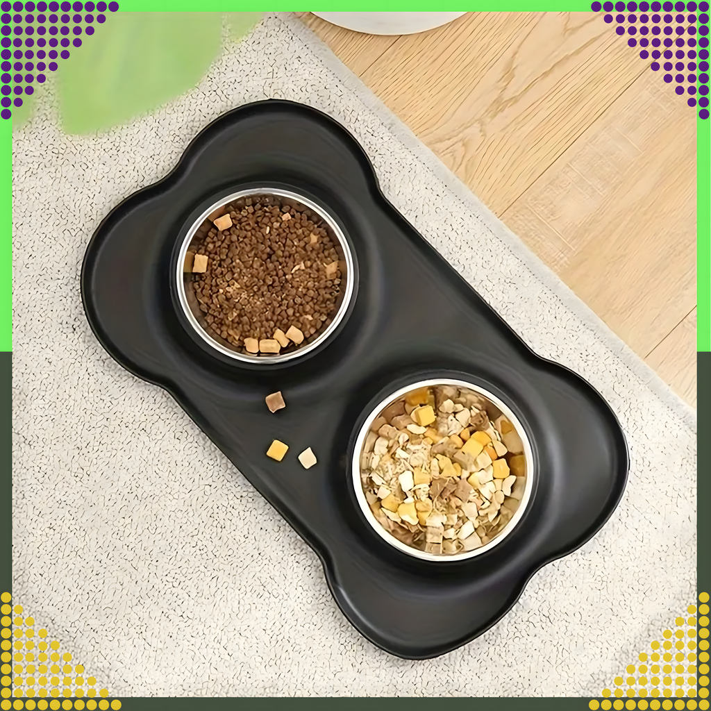 Kahe kausiga koera ja kassi sööginõu, metallist, libisemisvastane, 2 kaussi + alus