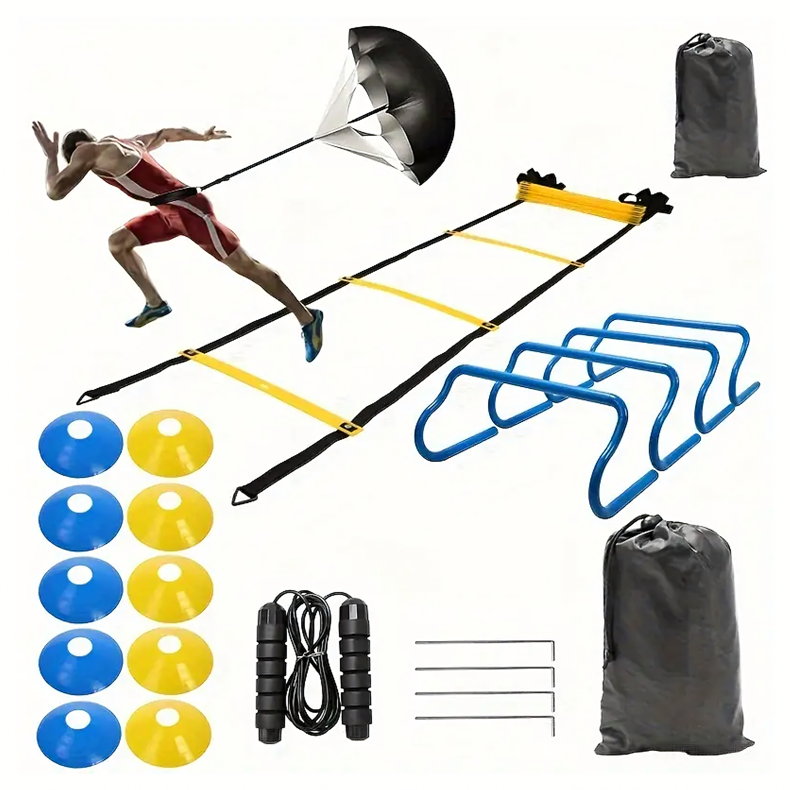 Suur treeningkomplekt: treenerikoonused, koordinatsiooniredel, tõkked XXL