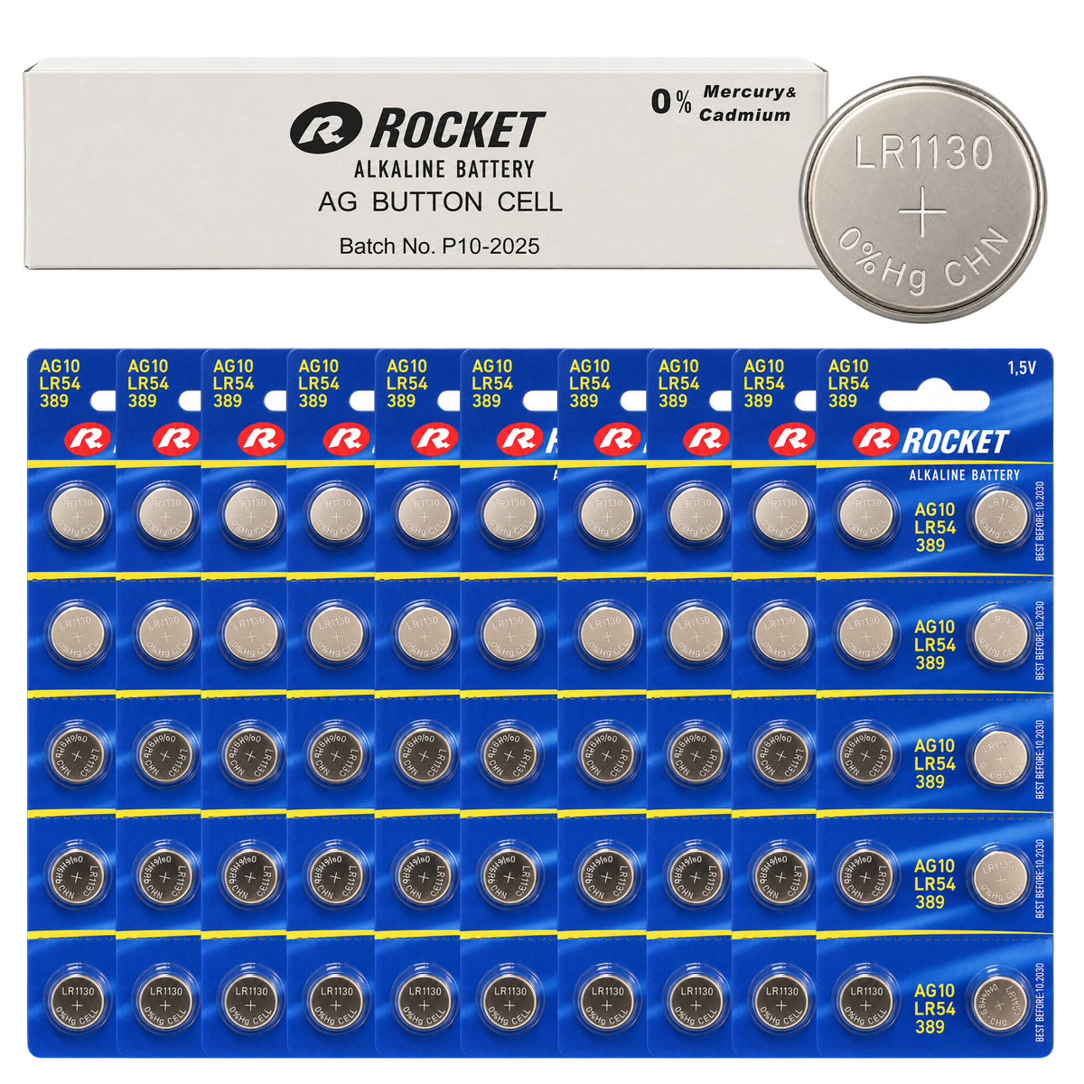 Rocket AG10 leeliselised nööpelementpatareid 1,5 V LR54 500 tk AG10-15843