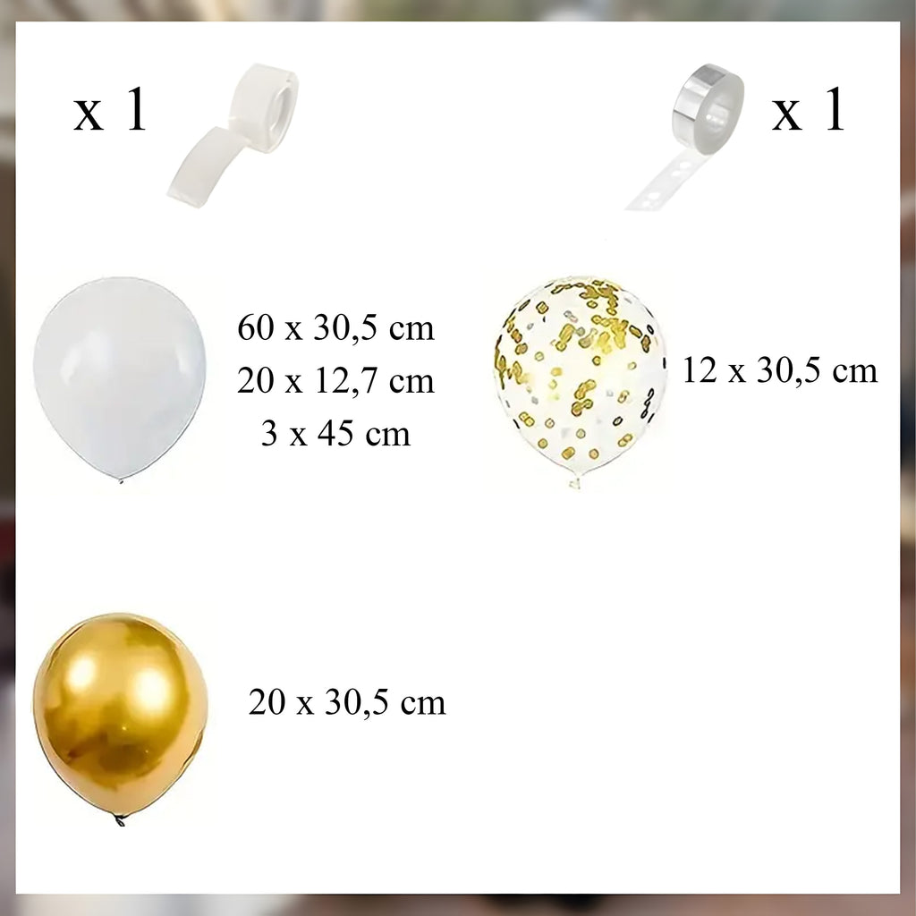Õhupallikaare komplekt sünnipäevaks ja pulmadeks, kuldne-valge, 110 tk