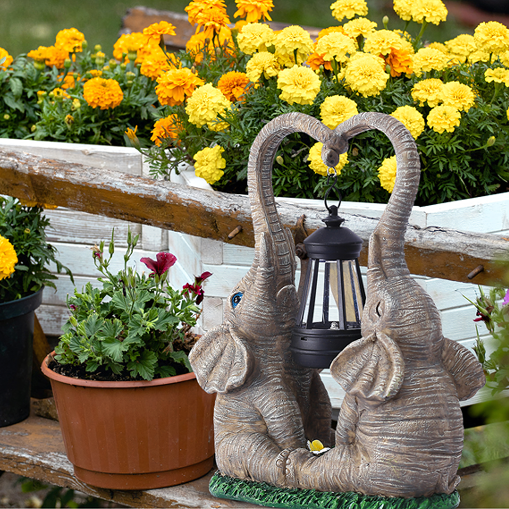Solar LED Garden Elephant Figurine Lamp with Lantern