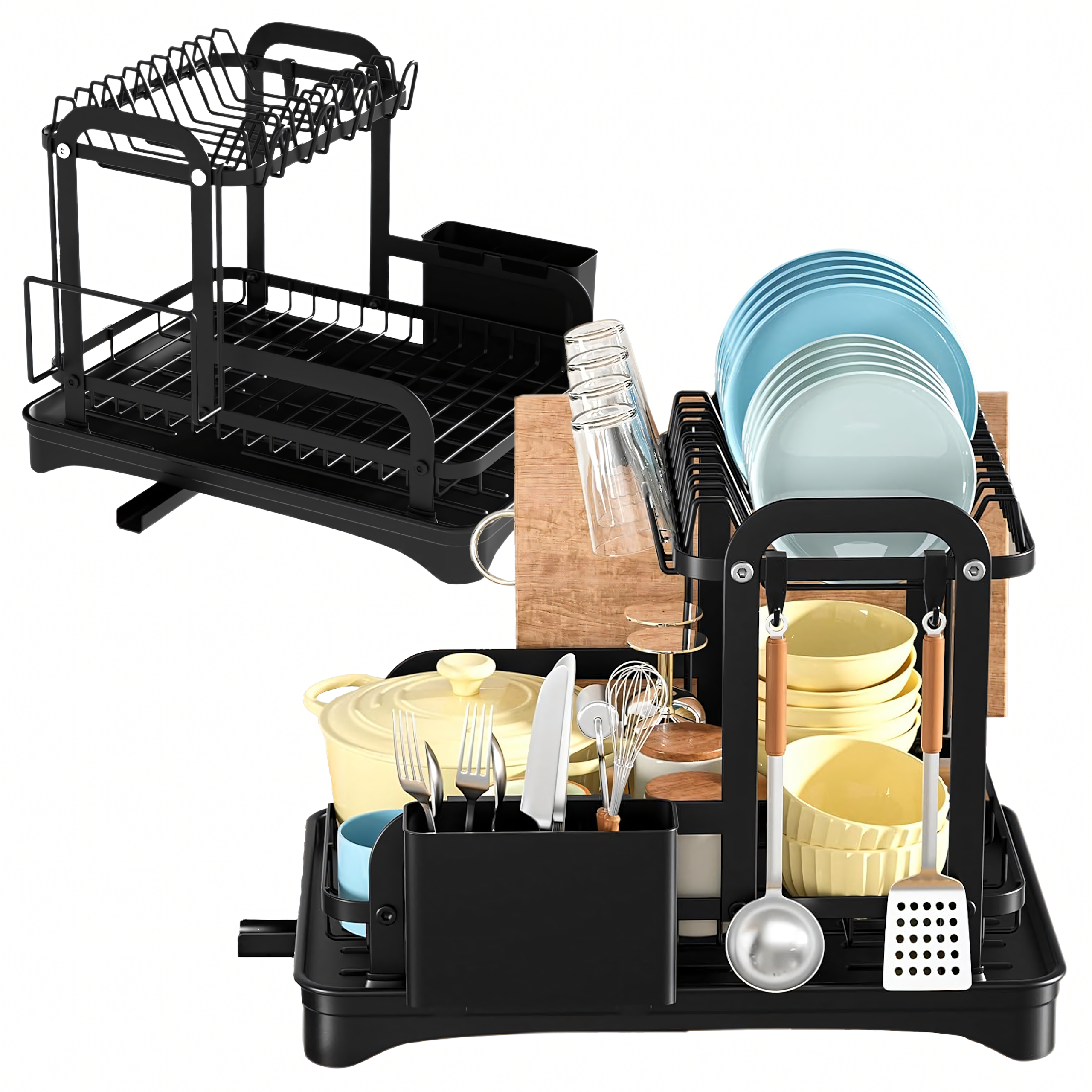 Two-Tier Large XXL Black Dish Drainer with Drain