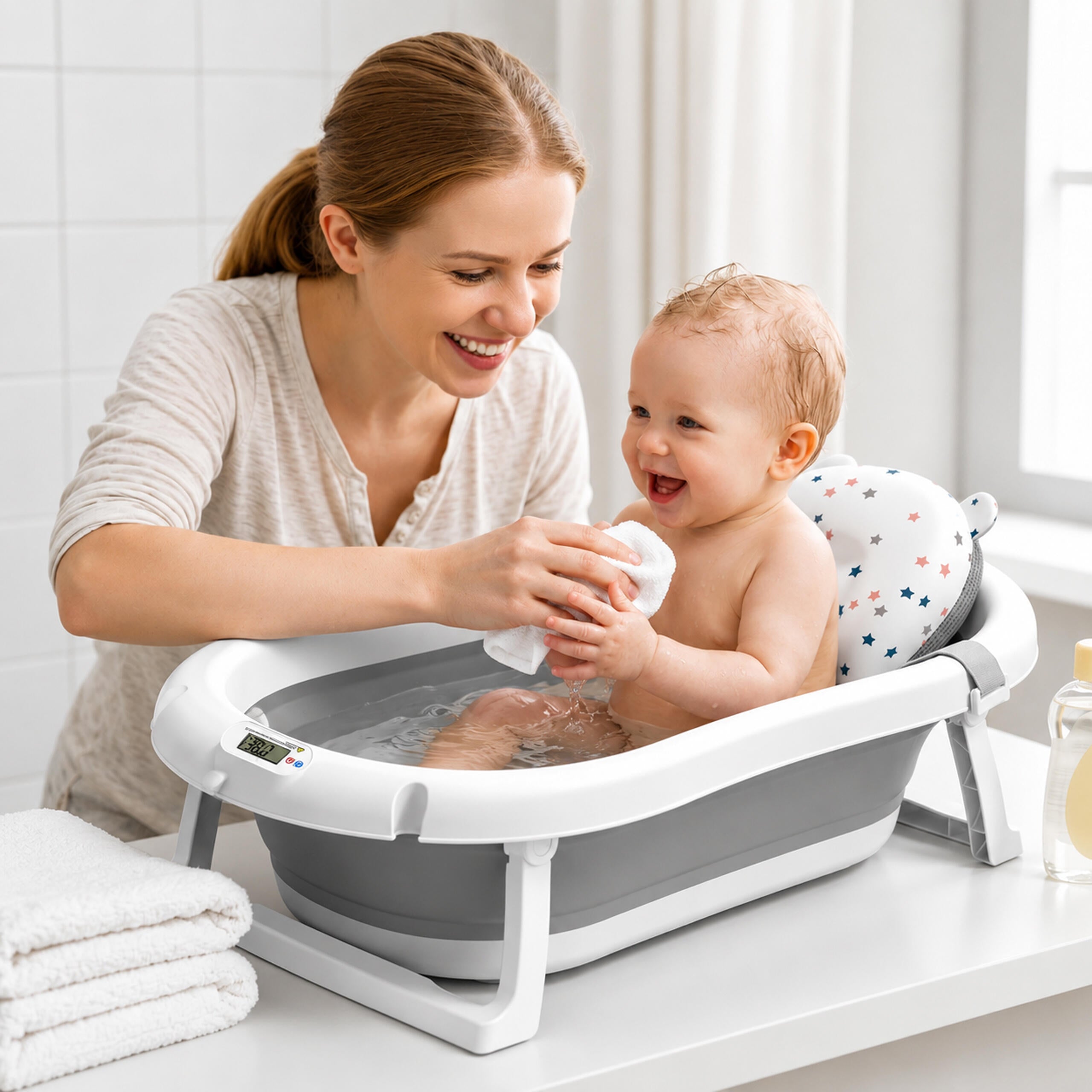 75x kokkupandav beebivann LCD termomeetri ja padjaga