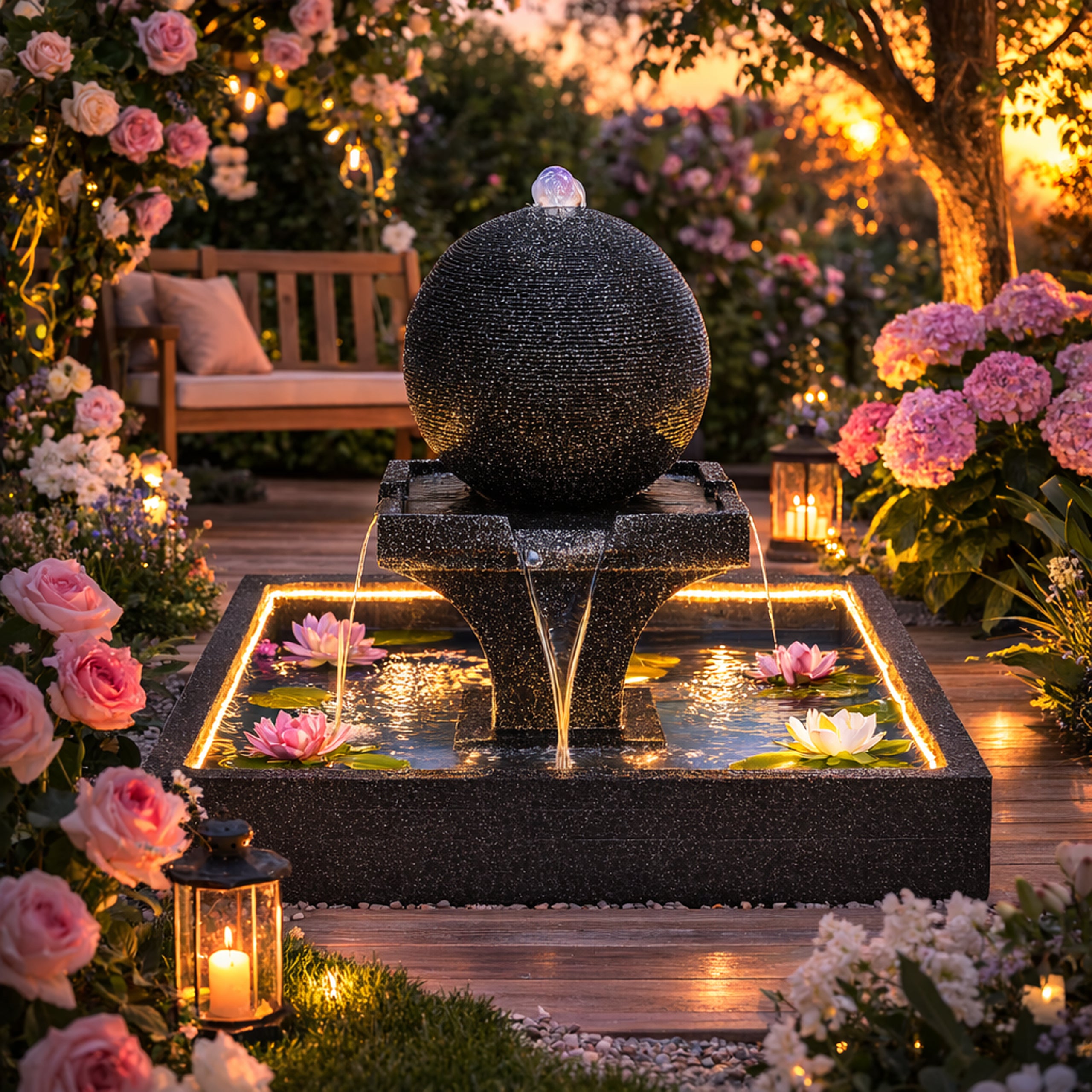 Large Garden Water Fountain with Spherical Water Feature 140x140x120cm LED Terrace Decoration