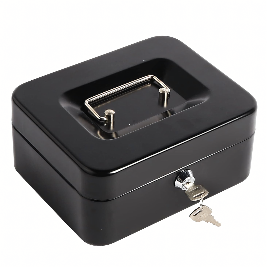 Metallist rahakast müntide, rahatähtede ja dokumentide turvaliseks hoidmiseks, võtmetega