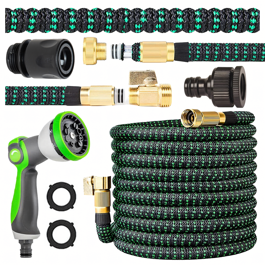 Premium Reinforced Expandable Garden Hose 2.5-7.5m with 1/2 and 3/4 Connectors and Spray Gun