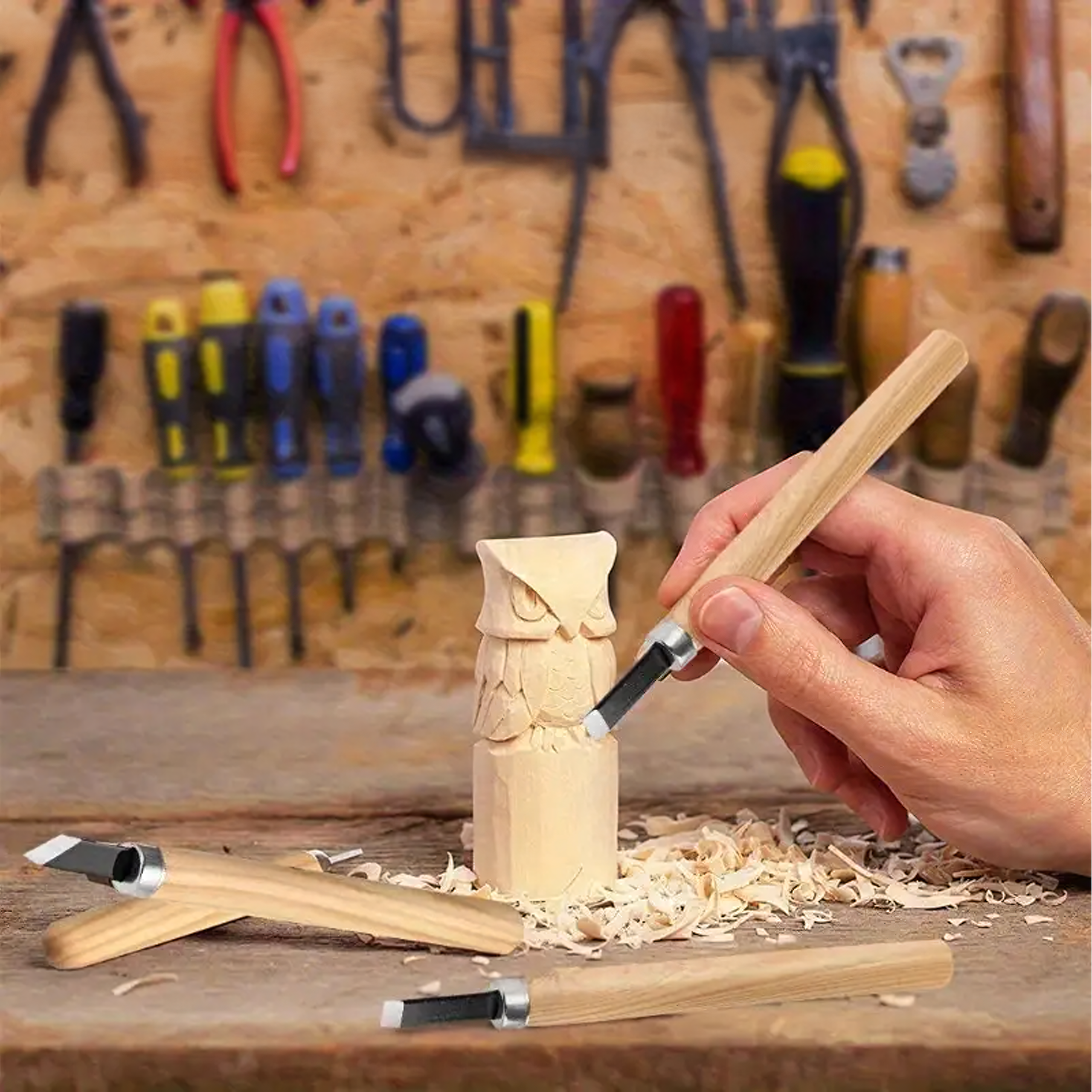 12-osaline puidunikerduspeitlite komplekt puidust käepidemetega 12 tk