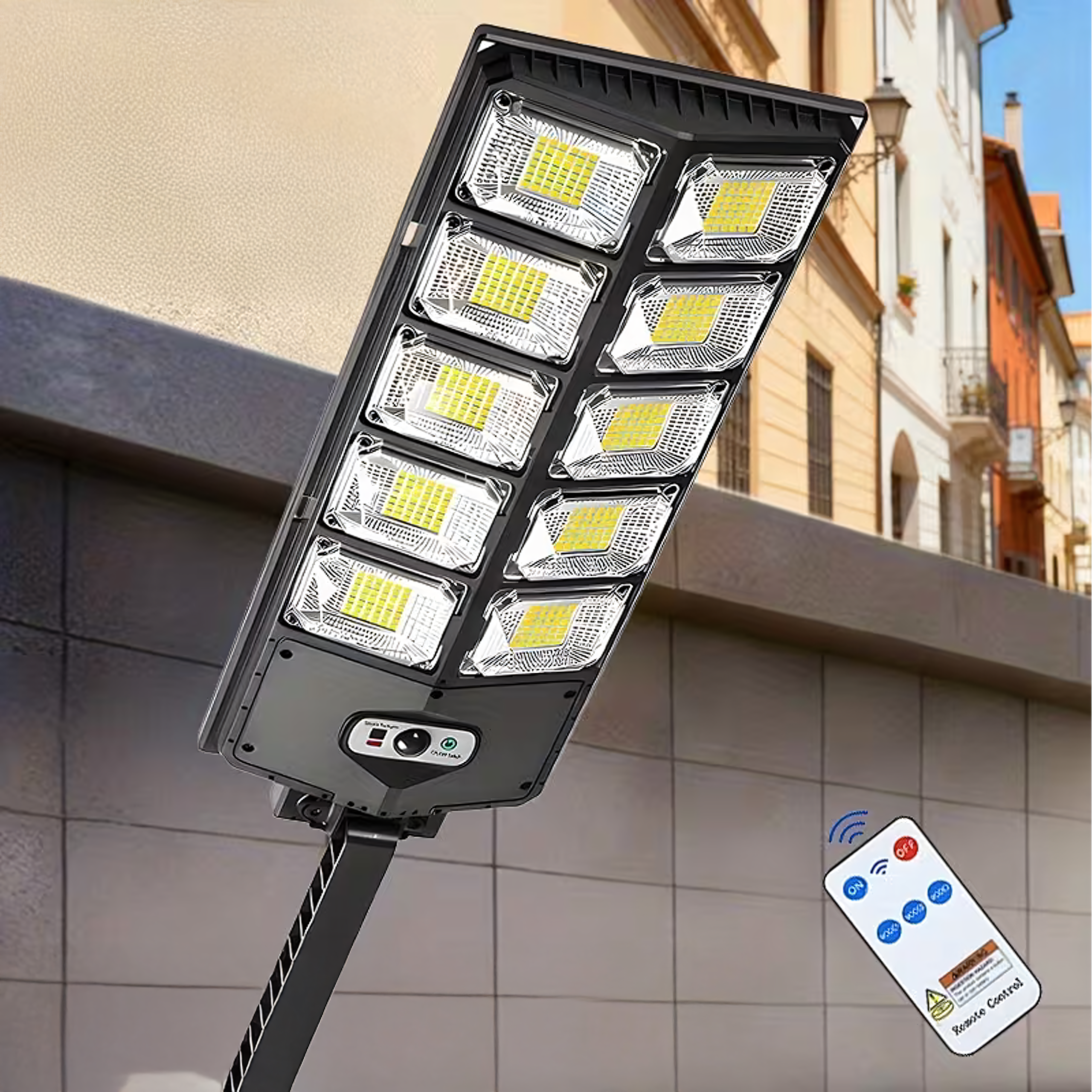 Solar LED Lamp with Motion and Twilight Sensor for Outdoor Garden Use with Remote Control (E7)