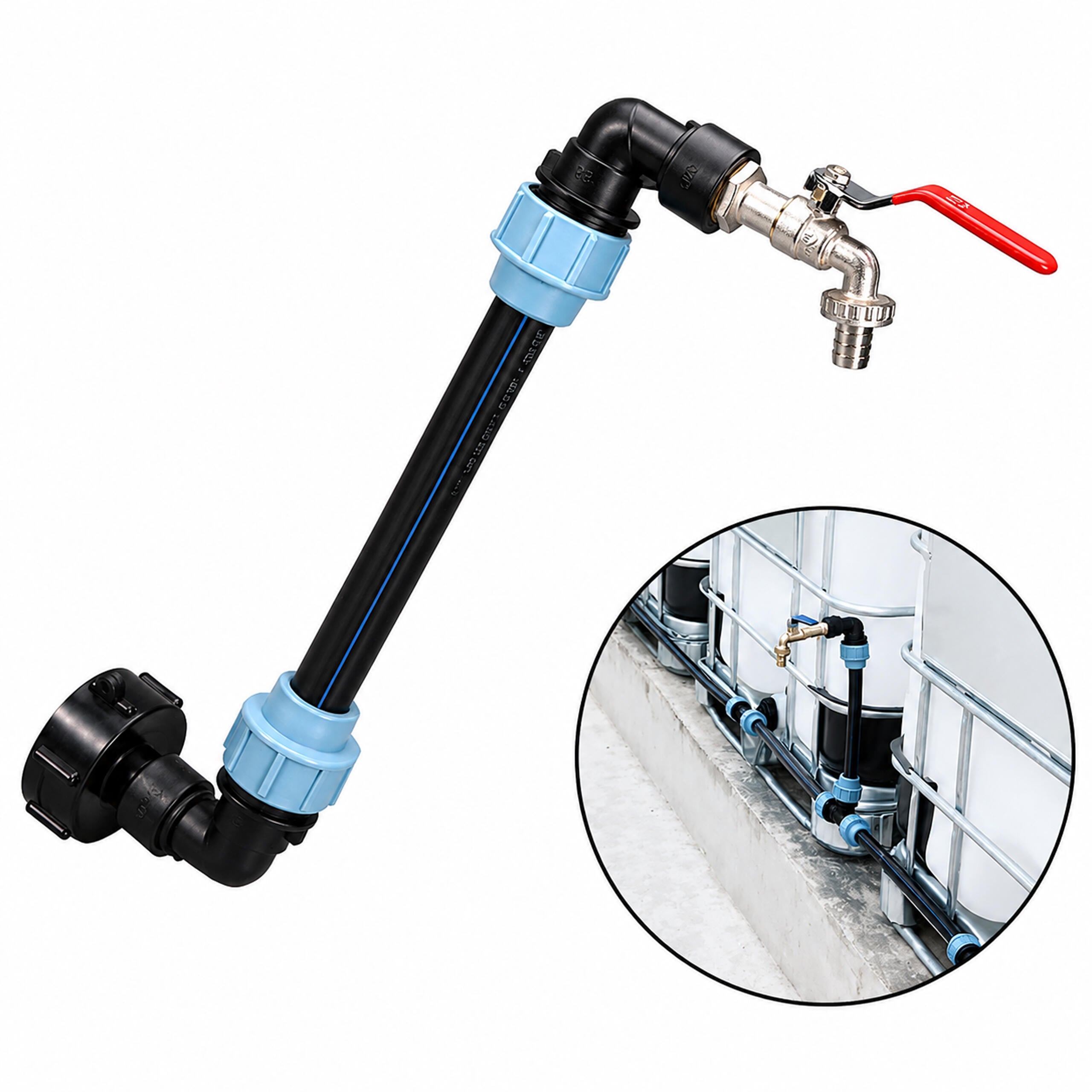 IBC–Mauser adapterite komplekt koos luigekaela kraani ja 3/4 ventiiliga