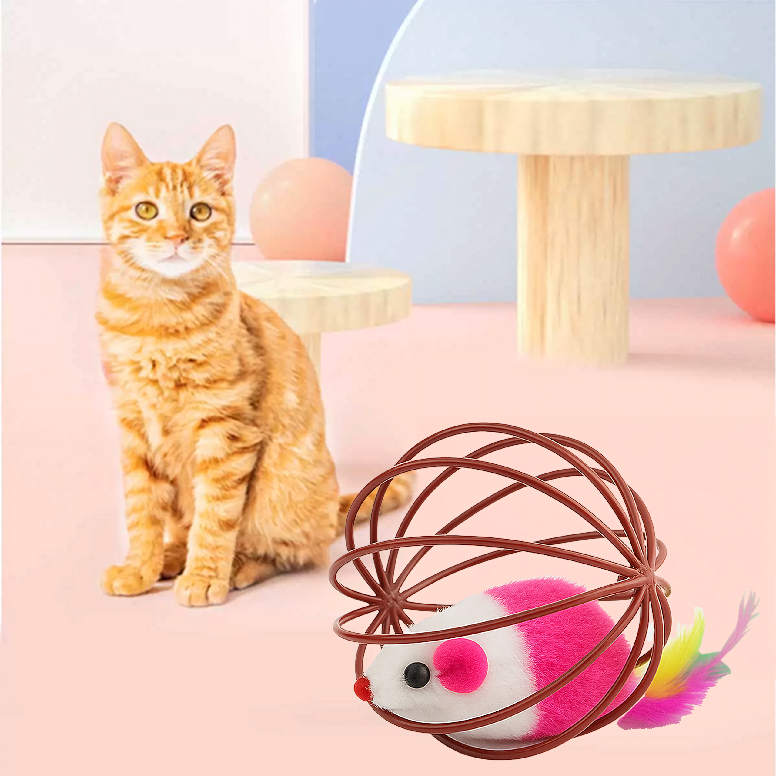 Interaktiivne mängupall kassile, hiire, sulgede, kõristi ja traadist palliga