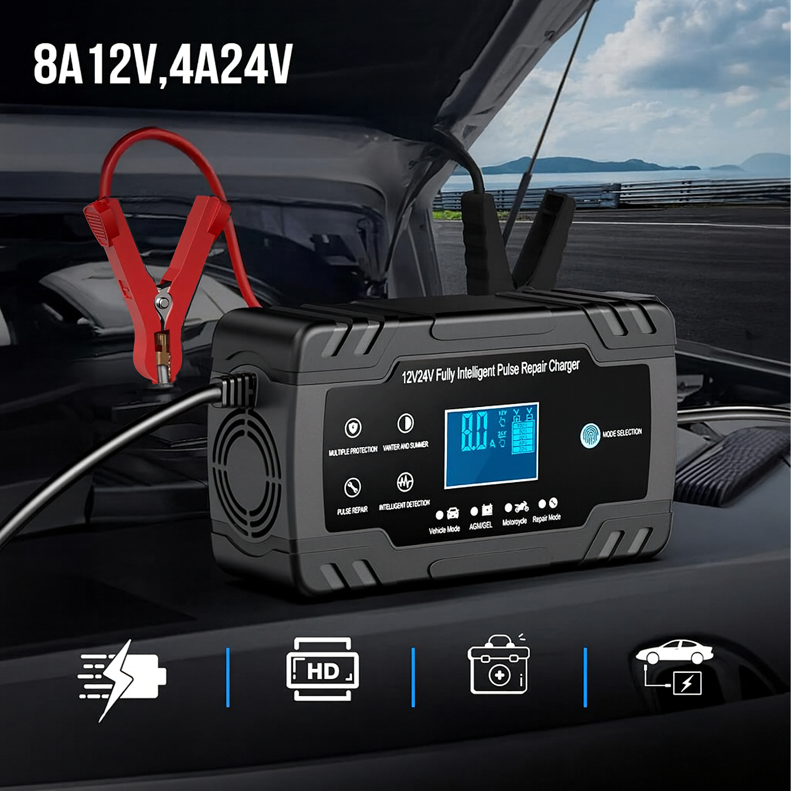 Võimas intelligentne alaldi akulaadija 12V 24V 4A 8A krokodillklemmidega