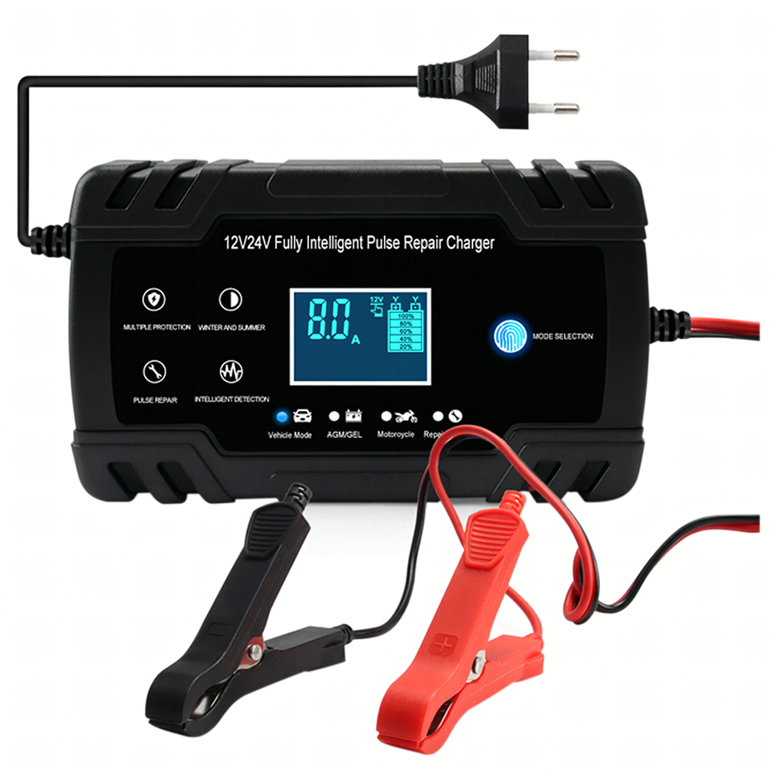 Võimas intelligentne alaldi akulaadija 12V 24V 4A 8A krokodillklemmidega