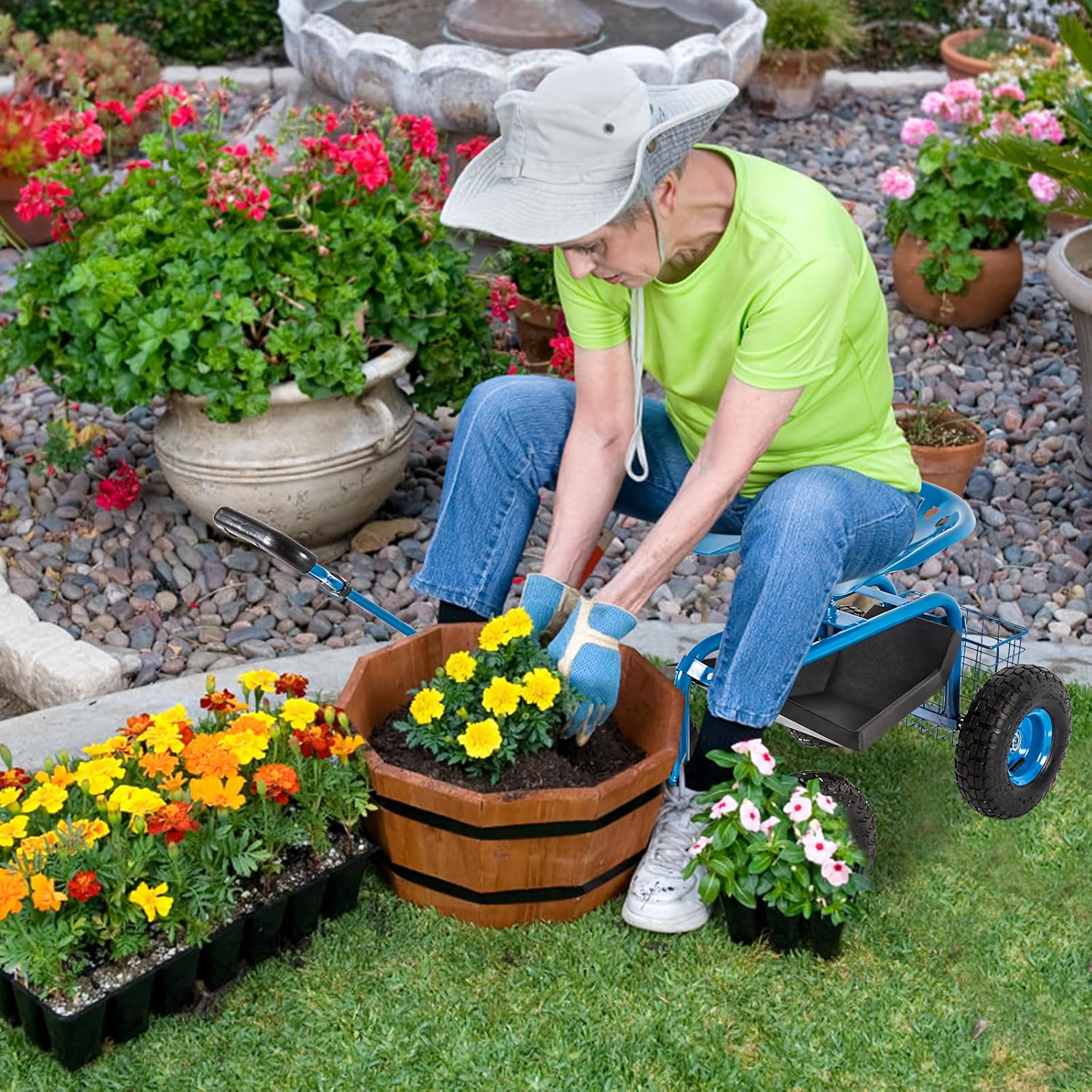 Rotating Garden Cart 360° Seat Stool on Wheels with Basket 24 pcs