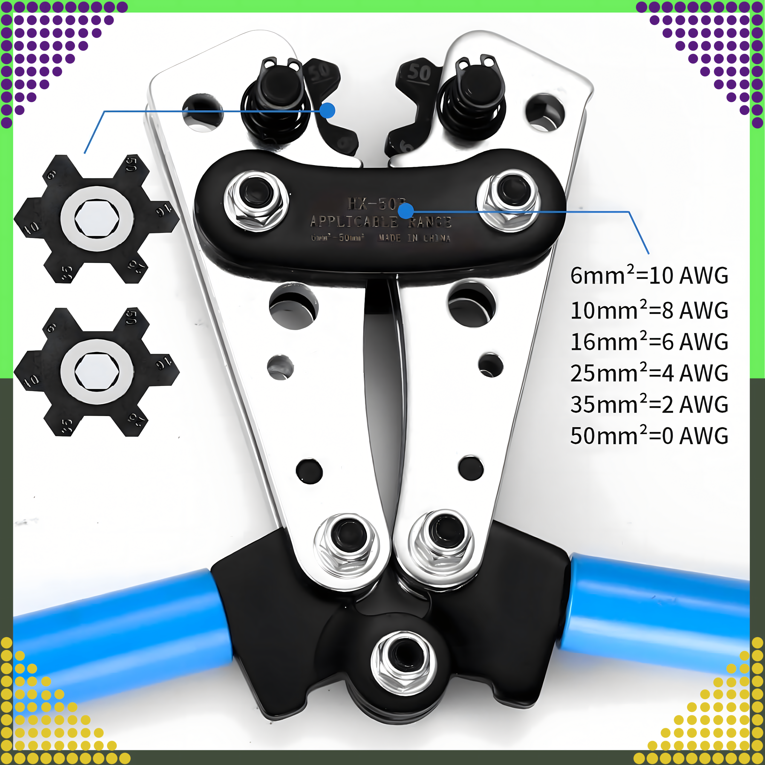 Pressimistangid juhtmete otsahülsside ühendamiseks 6-50mm AWG