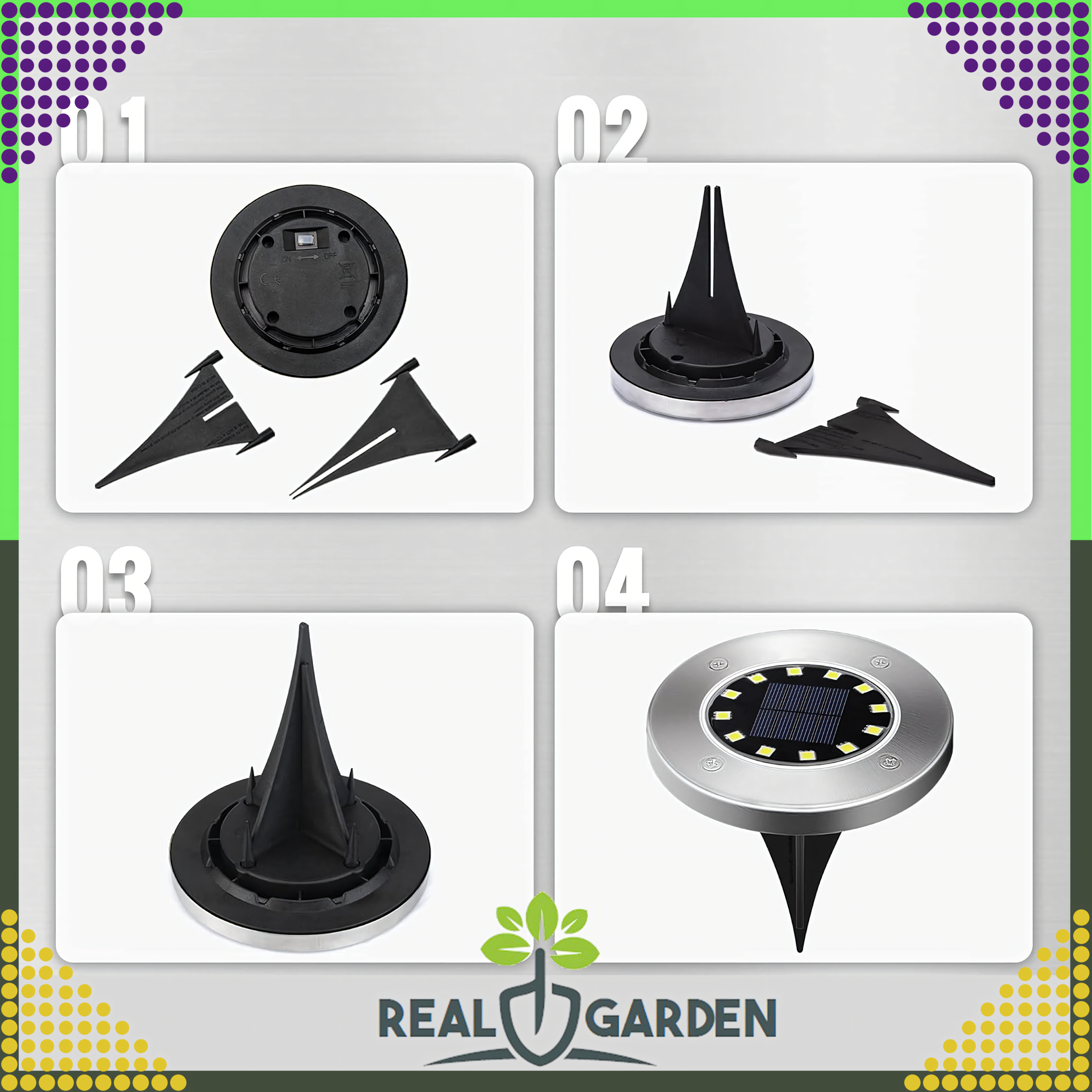 4 x Päikesega töötav aiavalgusti ketas, LED maavalgustid, hämarikuandur, 8 LED-i