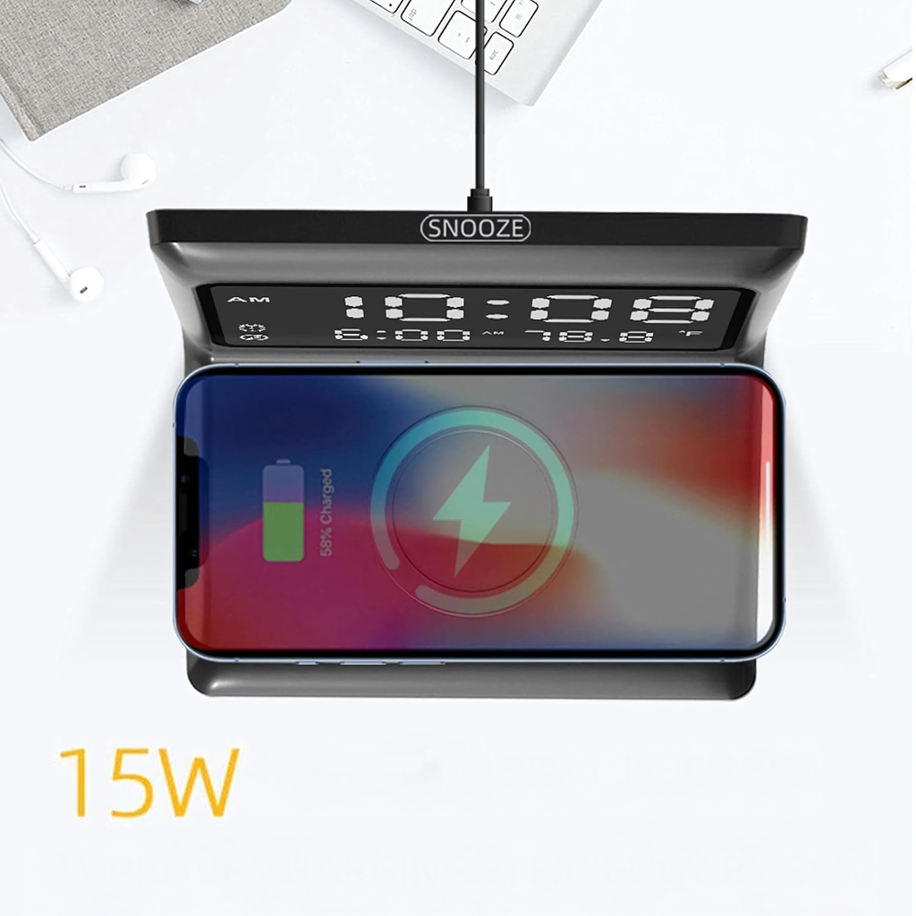 3in1 digitaalne äratuskell juhtmevaba laadija 15W temperatuuripeegel